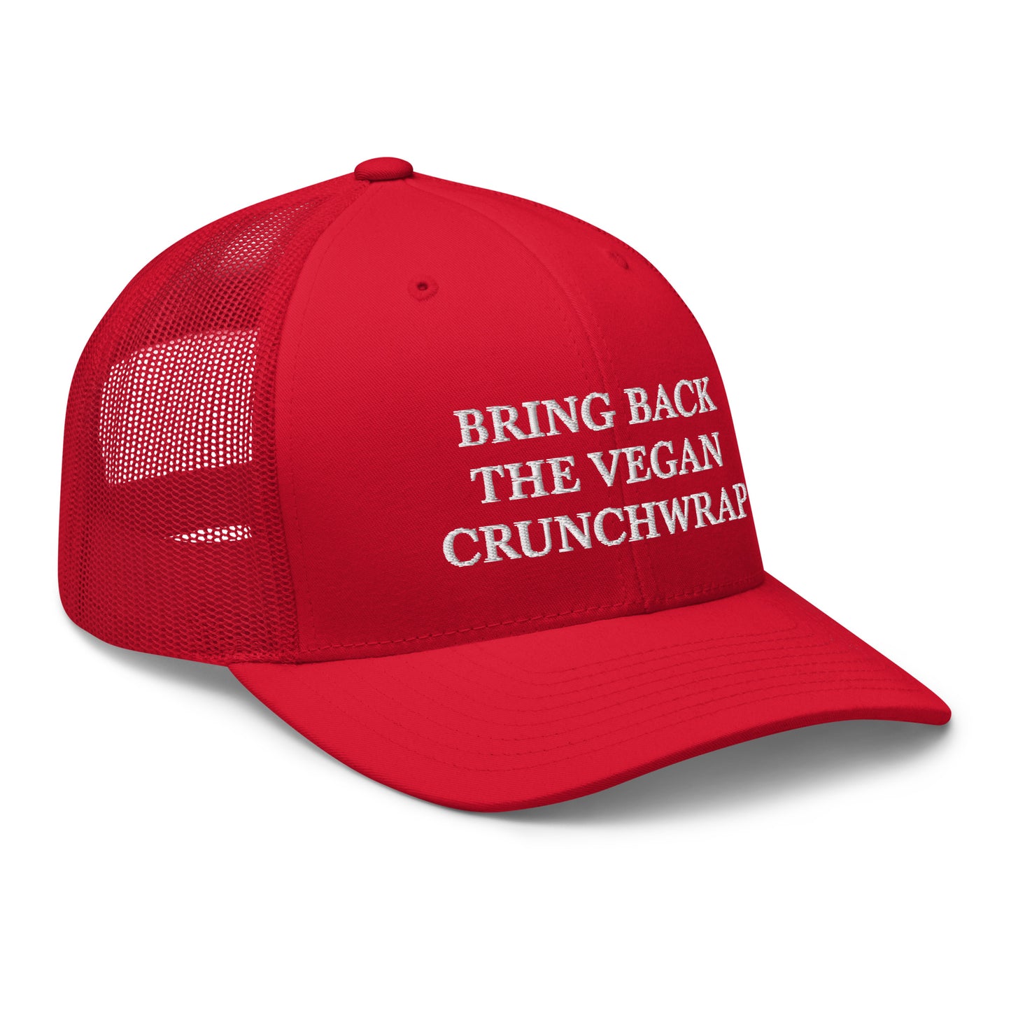 Red Bring Back The Vegan Crunchwrap Trucker Hat from Nina's Funky Shop by ninanush - Did you have a change to try the Tacobell vegan crunchwrap? Need a funny vegan foodie gift? This Bring Back The Vegan Crunchwrap Hat is comfortable, comes in a variety of colors and has a convenient adjustable closure. It's a fun vegan hat that's expertly embroidered and a perfect funny accessory for plant based babes.