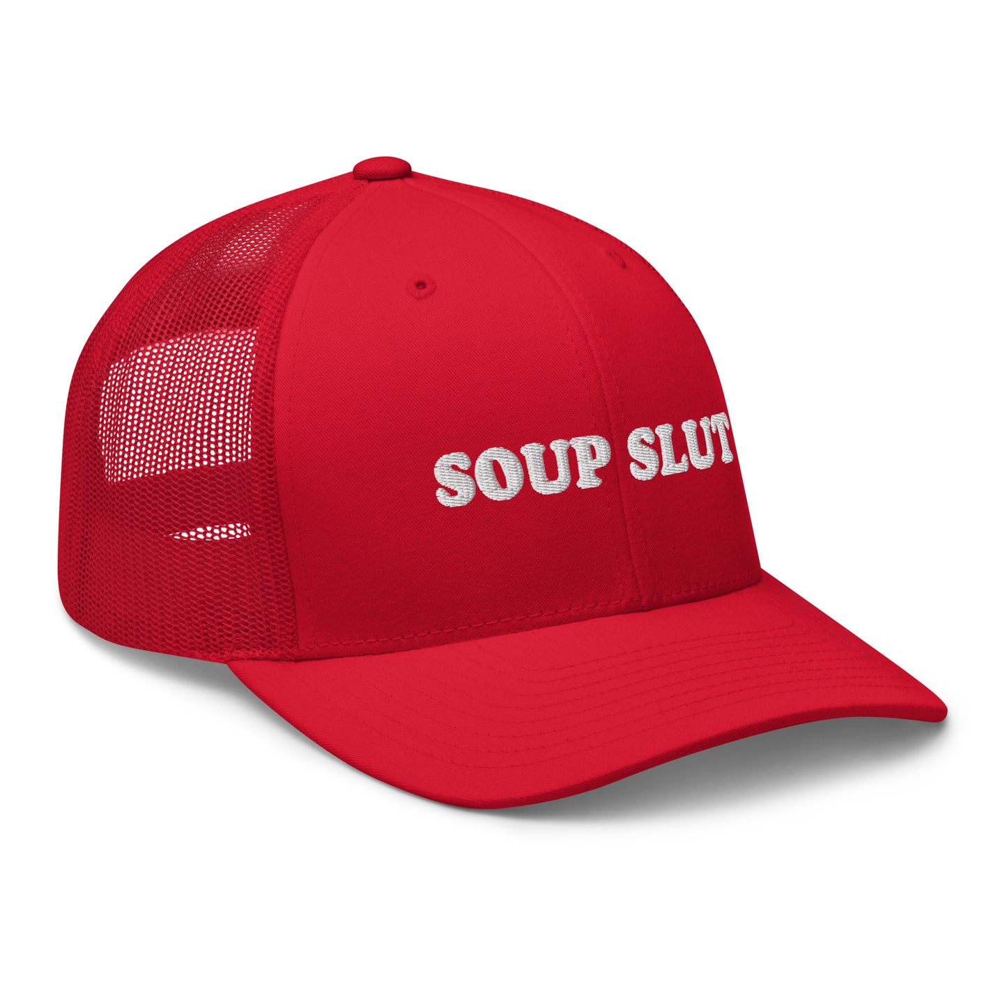 Red Soup Slut Hat - Soup enthusiast? Looking for a funny gift for a foodie? This Soup Slut Trucker Hat is comfortable, comes in a variety of colors and has a convenient adjustable closure. This fun soup slut hat is expertly embroidered and the perfect hat for soup lovers and foodies of all kinds. Celebrate your favorite foods in our funky foodie clothing and accessories!