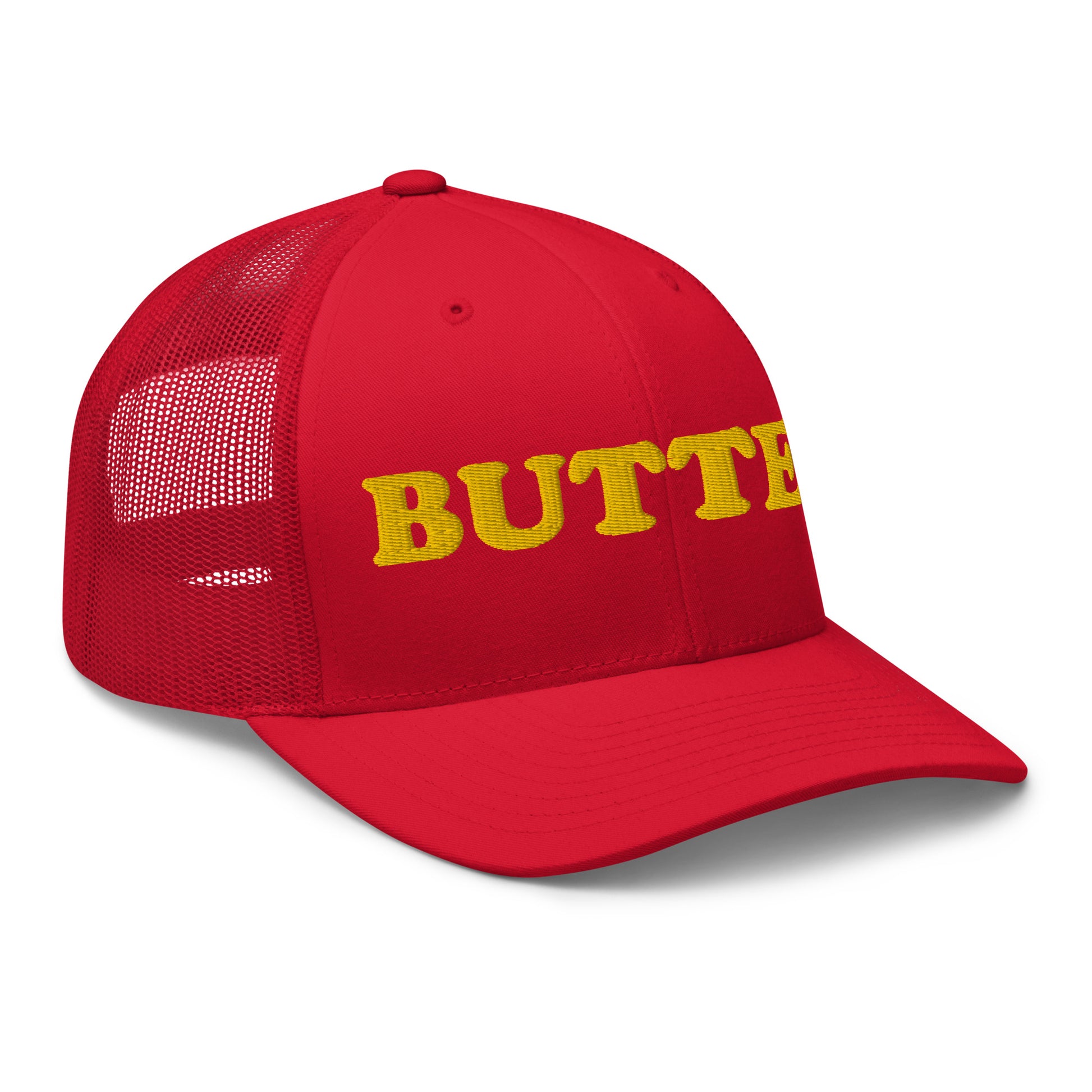 Red butter hat - Are you a butter enthusiast? Looking for a funny gift? Our Butter Hat is comfortable and made just for you. It comes in a variety of colors with "butter", expertly embroidered on the front. Make a statement and eat your favorite buttery foods in our butter trucker hat.