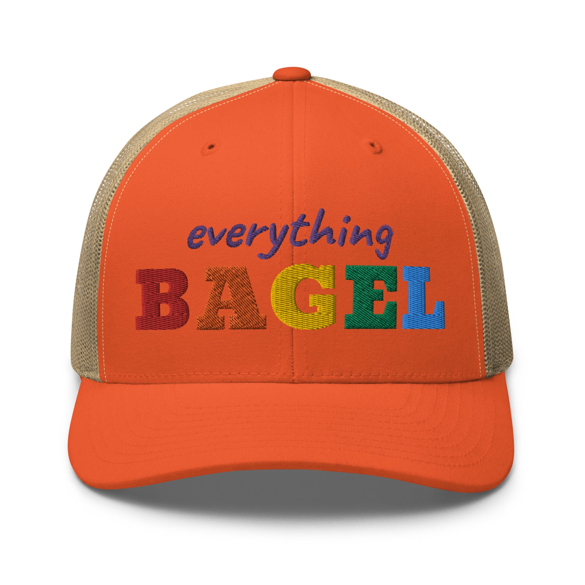 Orange Trucker Hat for Pride - Our Everything Bagel Pride Bucket Hat is sure to turn heads and have everyone asking, "Where'd you get that hat?" It's comfortable, adjustable and comes in a variety of colors with a funny rainbow design for pride. Looking for something personalized? Shoot us an email!