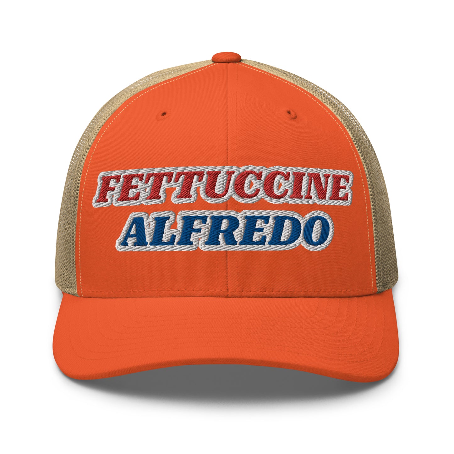 Orange Fettuccine Alfredo Hat - Love Fettuccine Alfredo? Make a statement in our Fettuccine Alfredo trucker hat. It's a classic trucker hat with a funny red, white and blue design, expertly embroidered on the front.