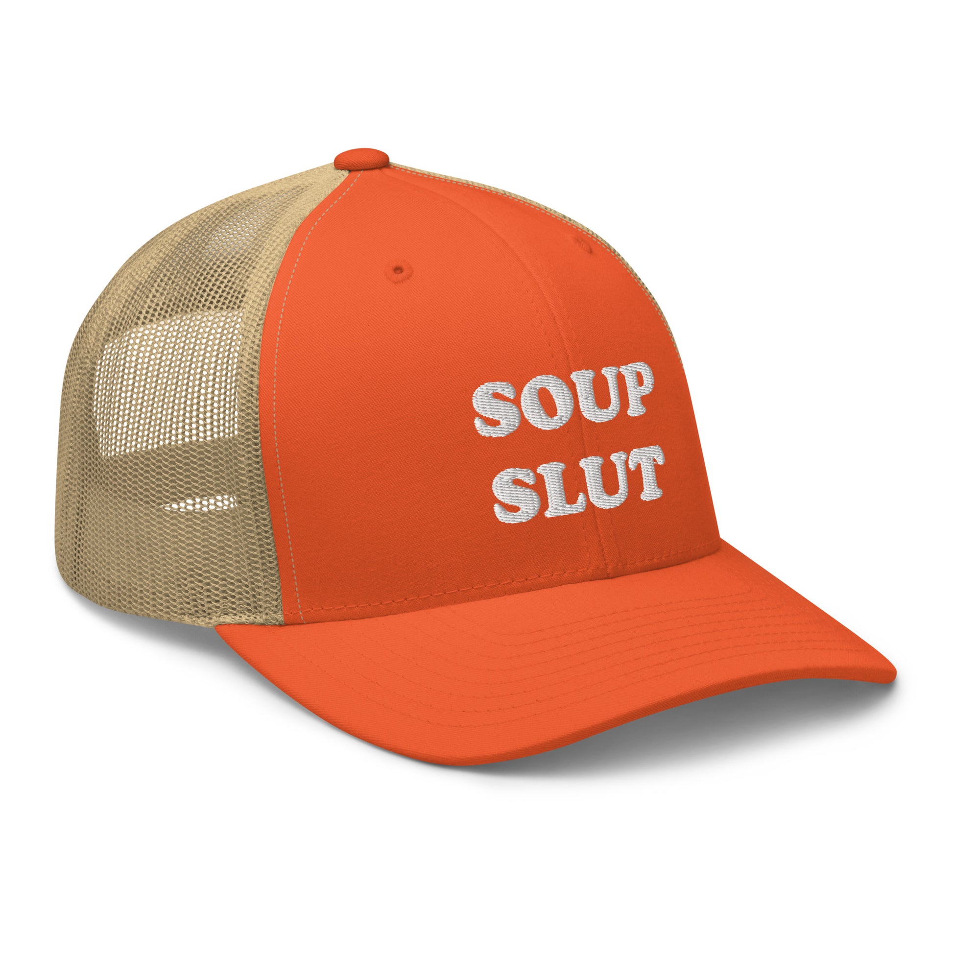 Orange soup slut hat from Nina's Funky Shop by ninanush - Do you love soup? Looking for a funny gift for a soup lover? This Soup Slut Trucker Hat is comfortable, comes in a variety of colors and has a convenient adjustable closure. It's a funny trucker hat with "soup slut", expertly embroidered on the front. The perfect hat for soup enthusiasts and foodies of all kinds.