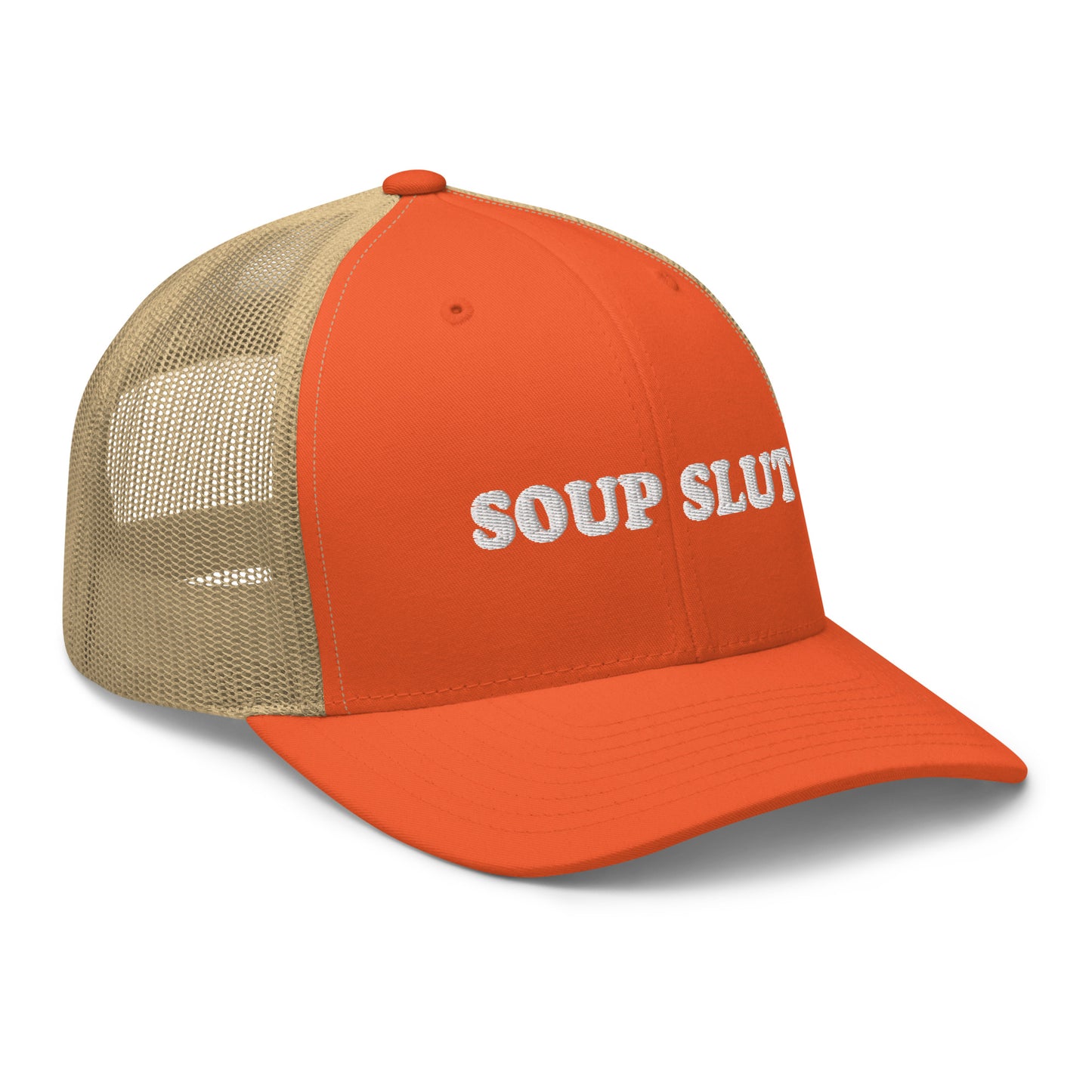 Orange Soup Slut Hat - Soup enthusiast? Looking for a funny gift for a foodie? This Soup Slut Trucker Hat is comfortable, comes in a variety of colors and has a convenient adjustable closure. This fun soup slut hat is expertly embroidered and the perfect hat for soup lovers and foodies of all kinds. Celebrate your favorite foods in our funky foodie clothing and accessories!