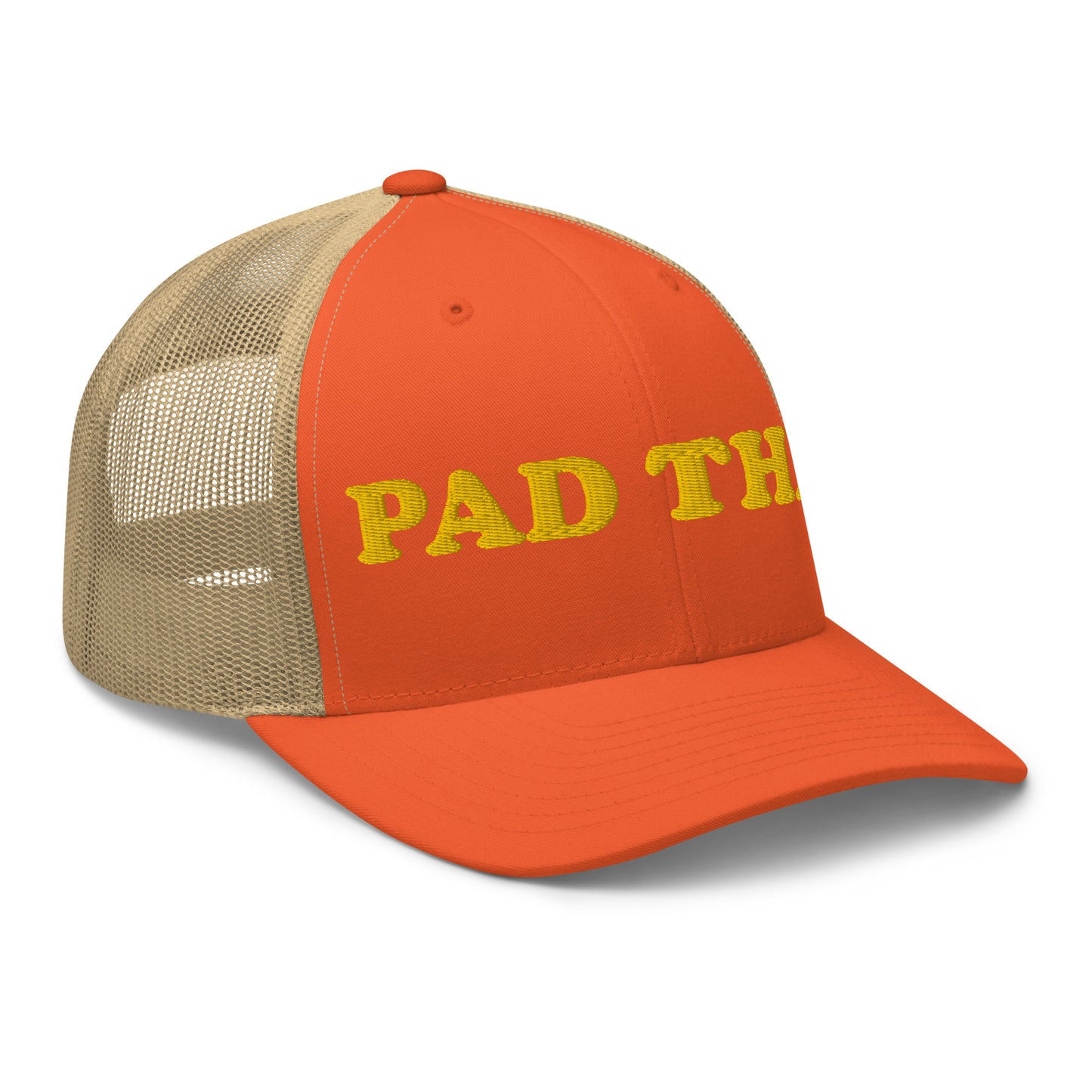 Orange Pad Thai hat - Love Pad Thai? Looking for a funny gift for a Pad Thai enthusiast? Our Pad Thai Hat is comfortable, adjustable and made just for you. It comes in a variety of colors with "Pad Thai", expertly embroidered on the front. Make a statement in this funny food hat. Perfect for everyday streetwear or your next touristy trip to Thailand.