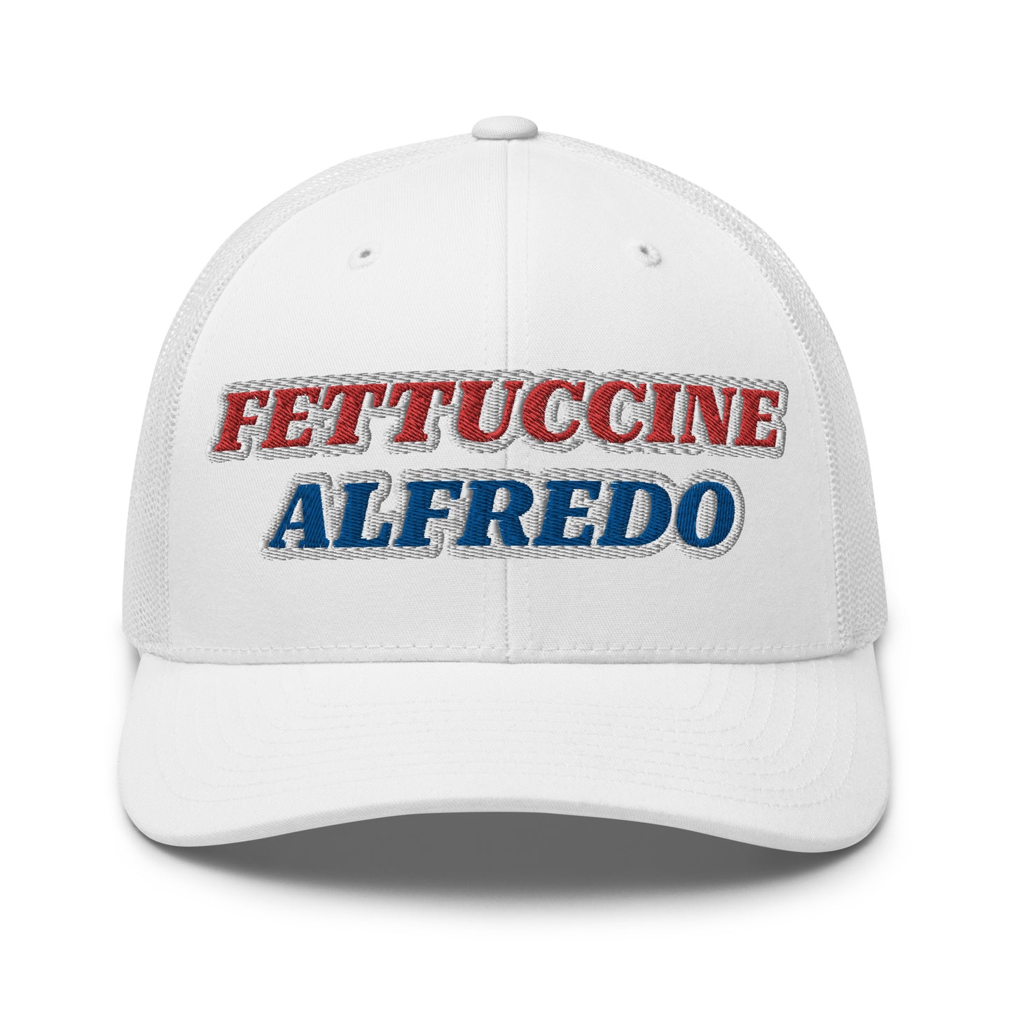 White Fettuccine Alfredo Hat - Love Fettuccine Alfredo? Make a statement in our Fettuccine Alfredo trucker hat. It's a classic trucker hat with a funny red, white and blue design, expertly embroidered on the front.