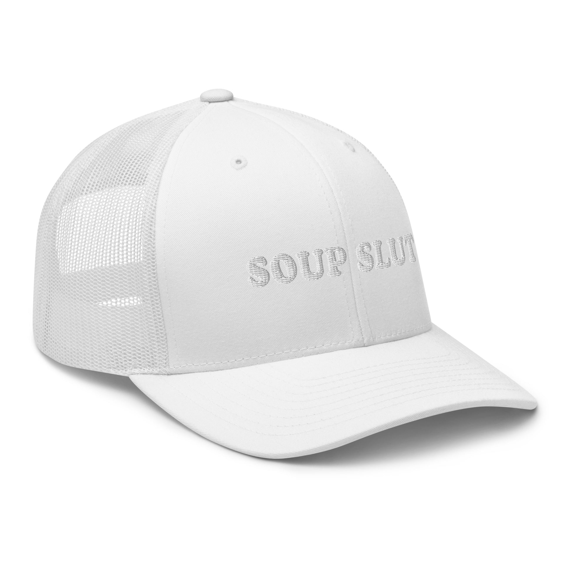 White Soup Slut Hat - Soup enthusiast? Looking for a funny gift for a foodie? This Soup Slut Trucker Hat is comfortable, comes in a variety of colors and has a convenient adjustable closure. This fun soup slut hat is expertly embroidered and the perfect hat for soup lovers and foodies of all kinds. Celebrate your favorite foods in our funky foodie clothing and accessories!