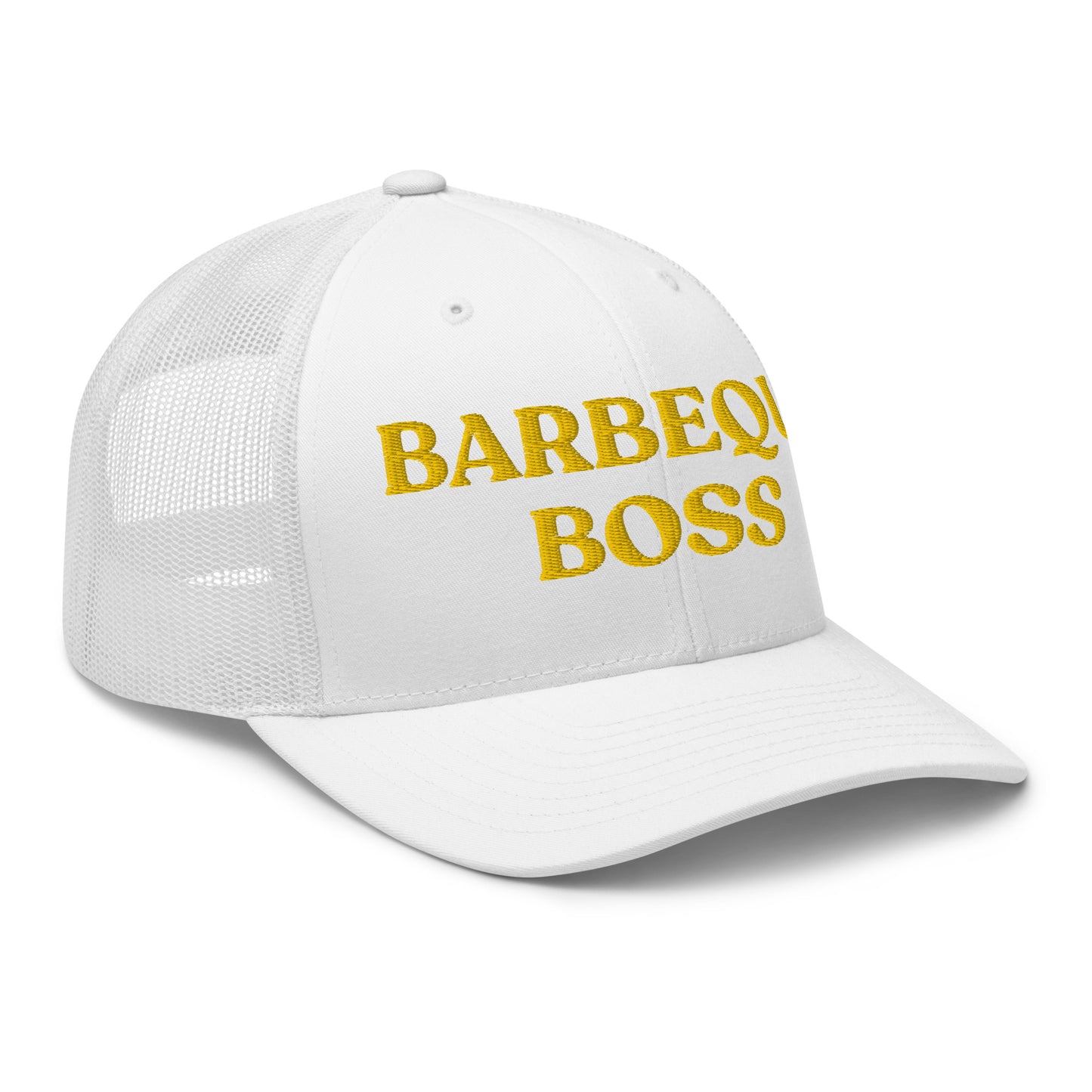 White Barbeque Boss Hat - Are you the Barbeque Boss? Looking for a gift for your favorite BBQ buddy? Our Barbeque Boss Trucker Hat might be just for you! It's a classic trucker hat, expertly embroidered with a funny text design. Perfect for summer barbeques or everyday streetwear.