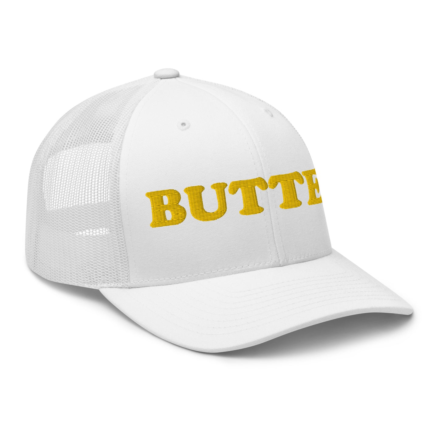 White butter hat - Are you a butter enthusiast? Looking for a funny gift? Our Butter Hat is comfortable and made just for you. It comes in a variety of colors with "butter", expertly embroidered on the front. Make a statement and eat your favorite buttery foods in our butter trucker hat.