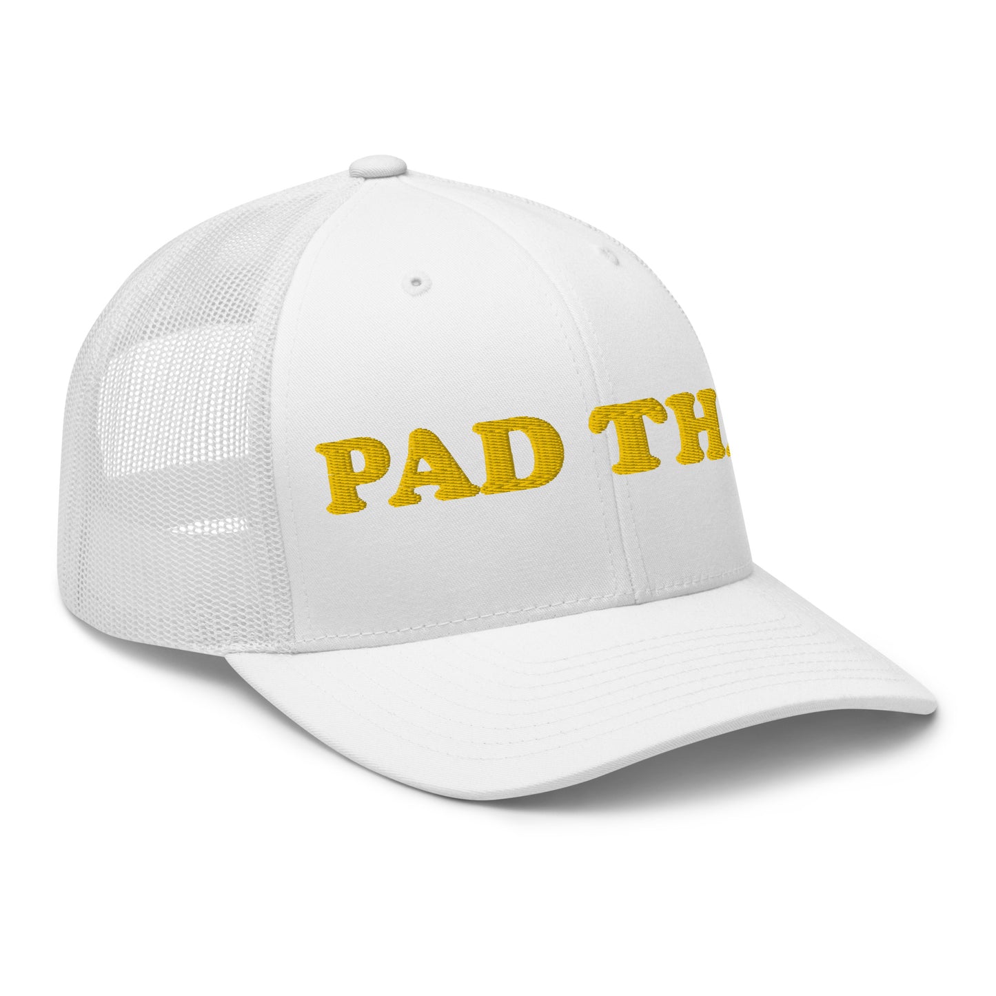 White Pad Thai hat - Love Pad Thai? Looking for a funny gift for a Pad Thai enthusiast? Our Pad Thai Hat is comfortable, adjustable and made just for you. It comes in a variety of colors with "Pad Thai", expertly embroidered on the front. Make a statement in this funny food hat. Perfect for everyday streetwear or your next touristy trip to Thailand.