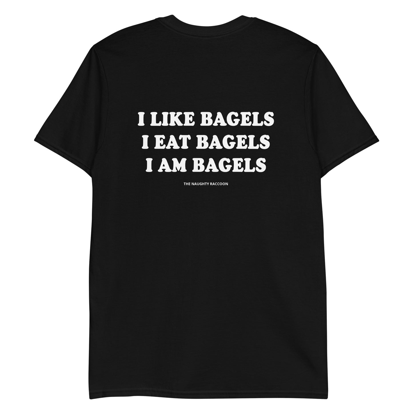 Black Bagels T-shirt from Nina's Funky Shop - Do you love bagels? Looking for a funny gift for a bagel enthusiast? This everything bagel t-shirt is just what you need. It's a cotton tee with an everything bagel, on the front and "I like bagels I eat bagels I am bagels" on the back. Eat your favorite bagels in this unique and funny t-shirt for bagel lovers.