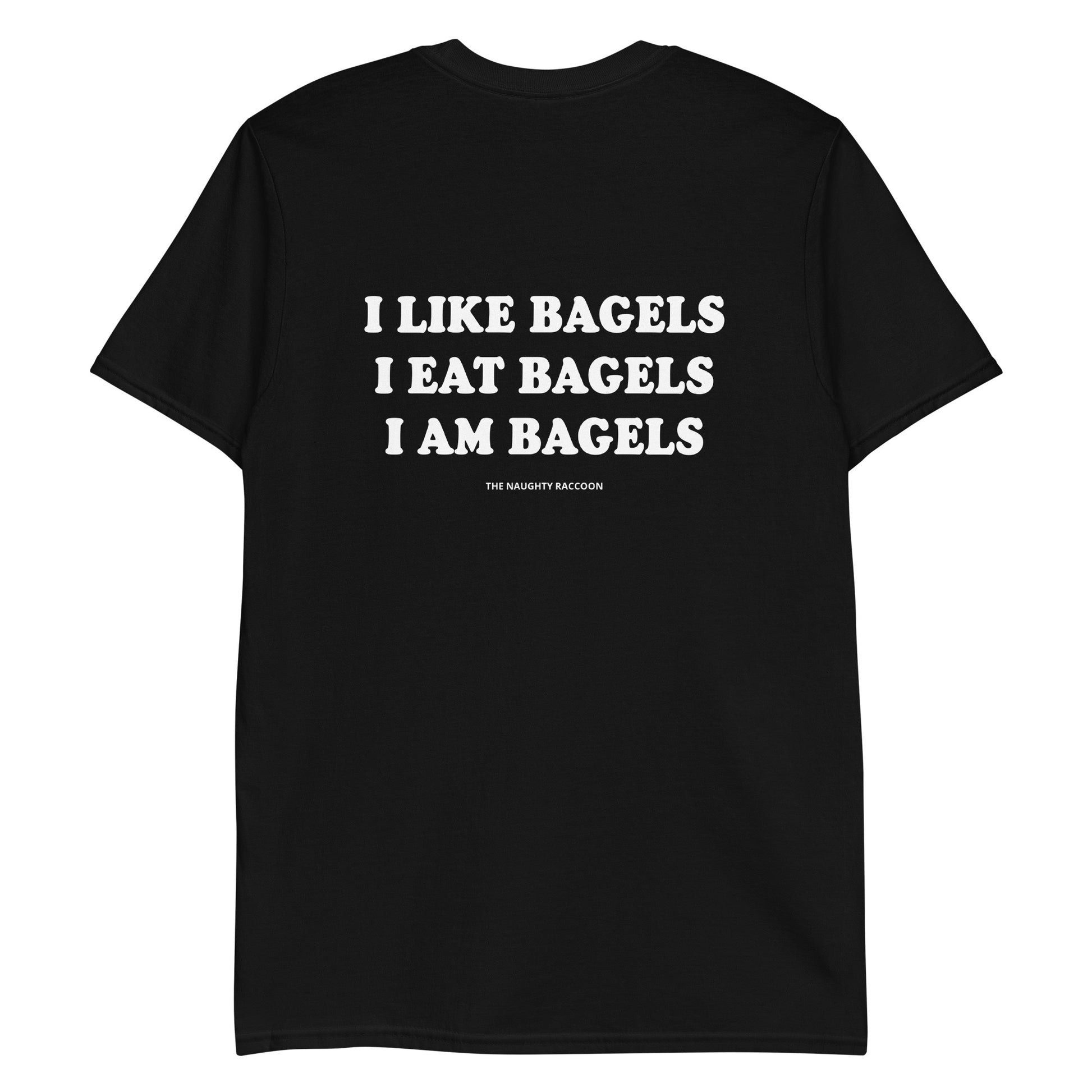 Black Bagels T-shirt from Nina's Funky Shop - Do you love bagels? Looking for a funny gift for a bagel enthusiast? This everything bagel t-shirt is just what you need. It's a cotton tee with an everything bagel, on the front and "I like bagels I eat bagels I am bagels" on the back. Eat your favorite bagels in this unique and funny t-shirt for bagel lovers.