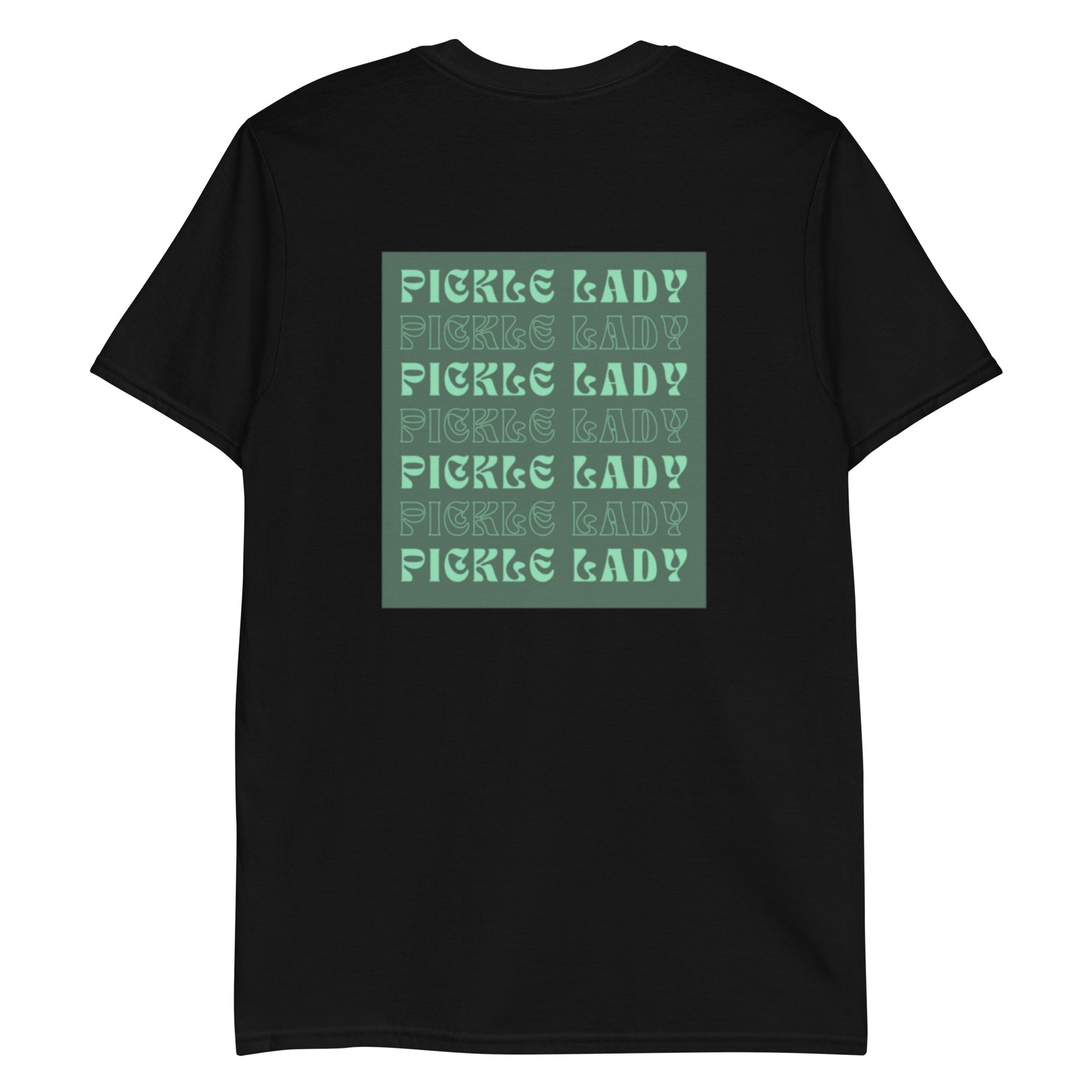 Black T-Shirt with Pickle Lady Design - Are you a pickle lady? Looking for a gift for a pickle enthusiast? Our funky Pickle Lady T-Shirt is just what you need. It's a soft and comfortable cotton tee that comes in a variety of colors with a green pickle lady design on the back and a unique pickle spears design on the front. Make a statement and eat your favorite pickles in this funny pickle shirt.