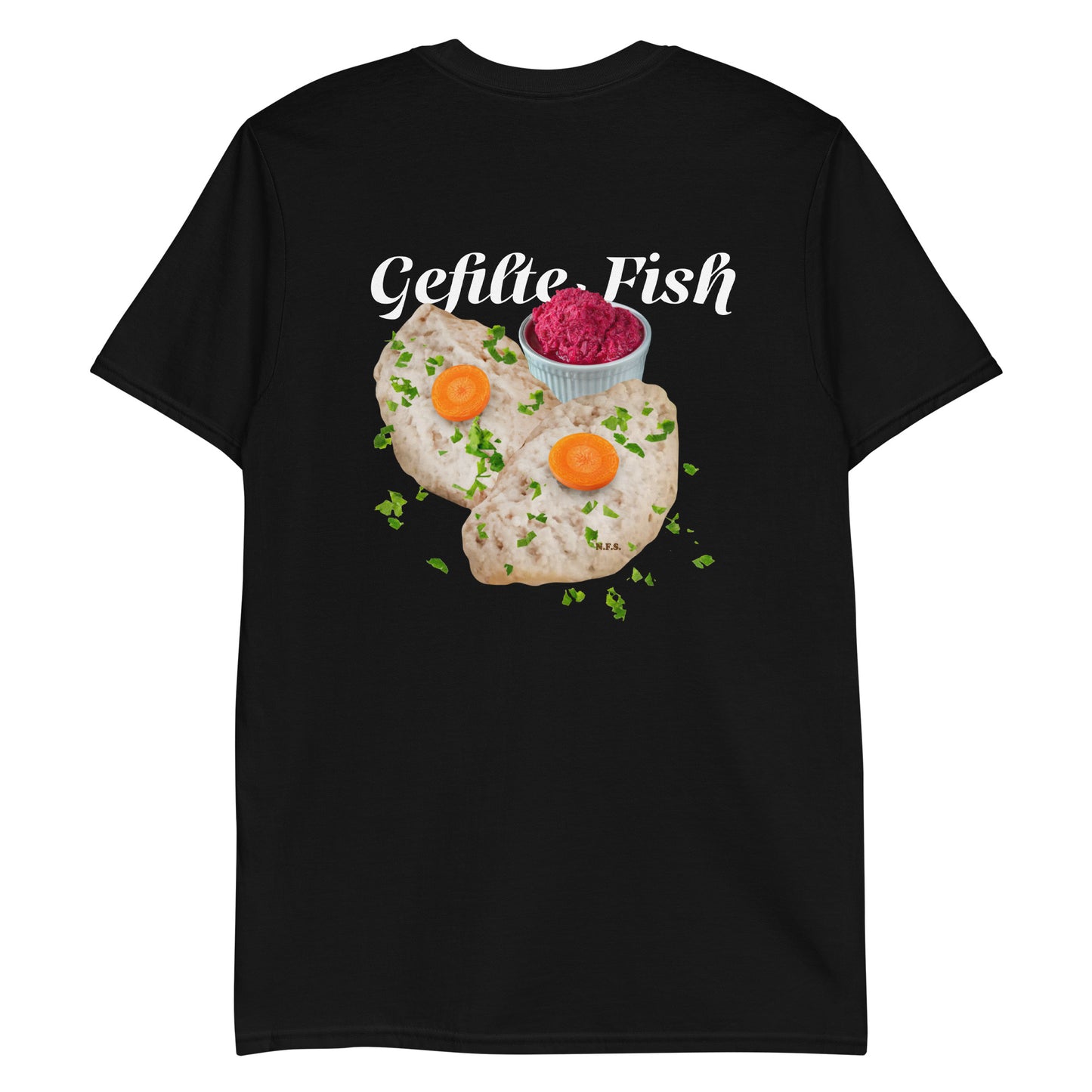 Black Gefilte Fish Design Shirt - Love gefilte fish? Looking for a funny gift for an Ashkenazi? Our Gefilte Fish T-Shirt is just what you need. It's soft and comfortable with a unique Gefilte Fish Design, expertly printed on the front. 
