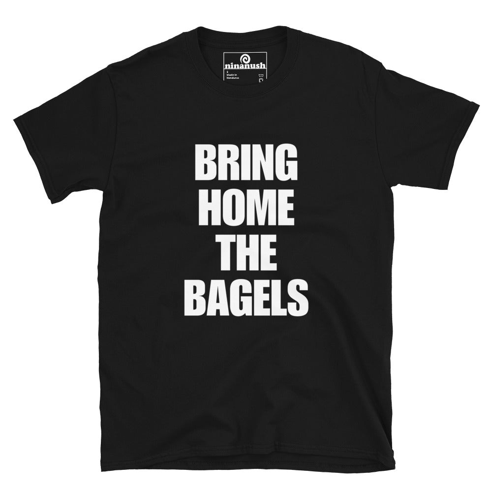 Black shirt for bagel enthusiasts - Bring home the bagels! Make a statement and eat bagels in style in this funny foodie t-shirt for bagel lovers. It's soft, comfortable and made just for you to show off your love of bagels. It's a unique t-shirt with a funny bagel saying. The perfect funny t-shirt for foodies of all kinds or a gift for bagel lovers. 