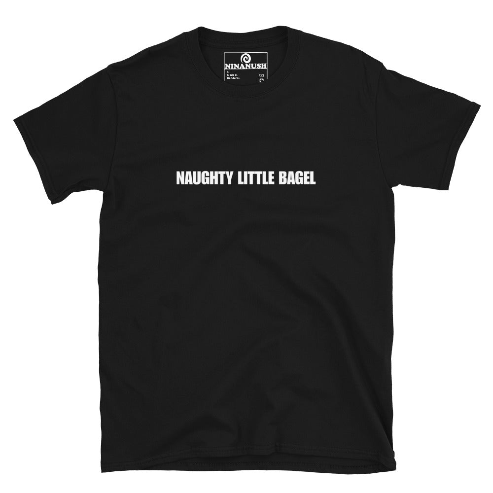 Black bagel shirt for funny foodies - Unique and funky naughty little bagel t-shirt. Make a statement and eat bagels in style in this funny foodie t-shirt for bagel lovers. It's soft, comfortable and made just for you or the naughty little bagel in your life. Give it as a funny gift for bagel enthusiasts or wear it as weird everyday foodie streetwear.