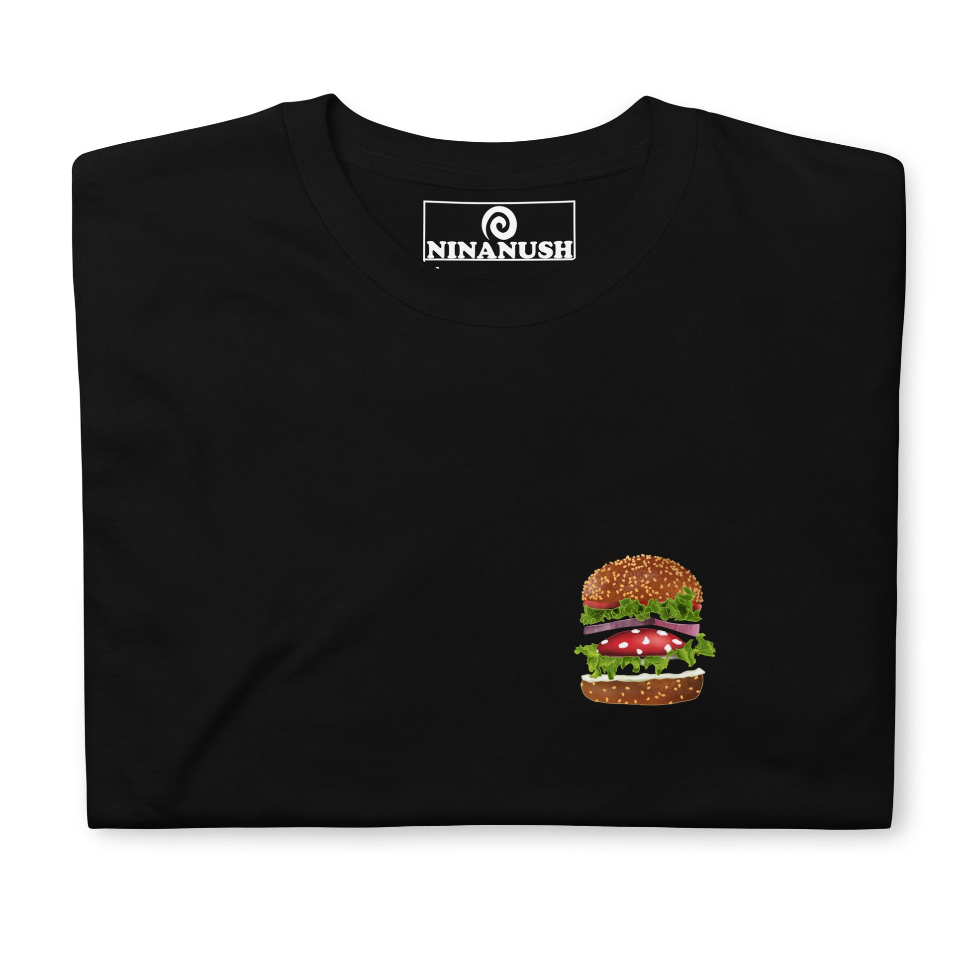 Funky burger t-shirt - A mushroom burger t-shirt that's colorful, totally unique and made just for you! The funky foodie design is hand drawn and printed on a classic t-shirt. Eat your favorite veggie burger in style with a shrooms and burger lover t-shirt or give it as a funny gift to your favorite mushroom burger enthusiast and foodies of all kinds. 