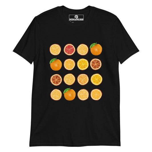 Black unique fruit t-shirt - This colorful fruit t-shirt has 16 bright oranges printed on a classic t-shirt. If you love oranges, this foodie t-shirt is just what you need. It's a totally unique orange slices shirt that's funky and perfect for orange enthusiasts. Eat oranges in style and stand out in an orange lover t-shirt made just for you. 