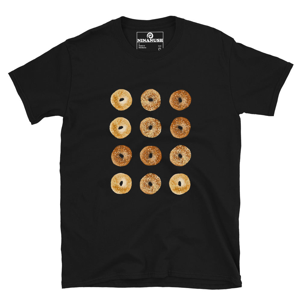 A unique bagel t-shirt with a dozen bagels—a must-have shirt for bagel lovers and foodies. Make a funny statement and eat bagels with this artsy and unique, bagel streetwear shirt. Perfect for enjoying bagel sandwiches or expressing your love for bagels. This shirt says "I love bagels and I don't care who knows it." 