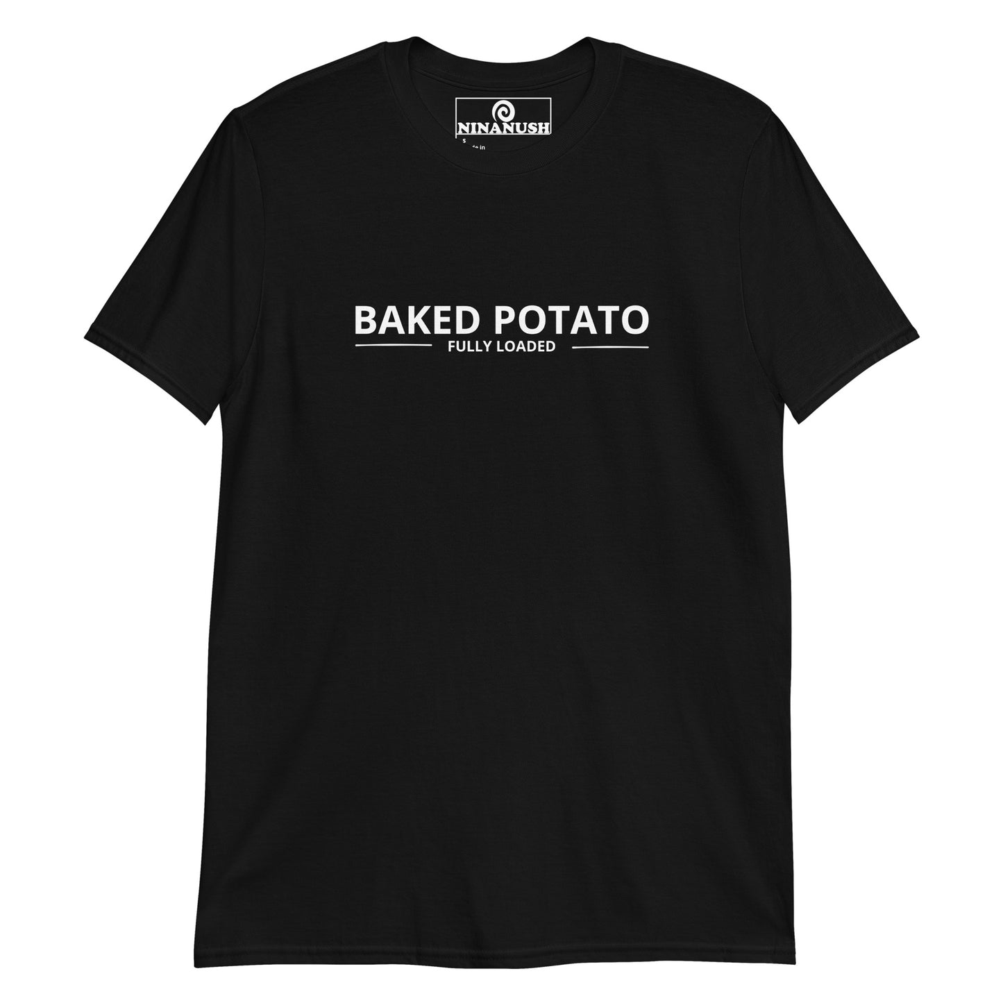 Black baked potato lover t-shirt - A Baked Potato Fully Loaded T-Shirt, designed for potato lovers of all kinds! This unique potato shirt is a must-have for those who love a good baked potato. Whether you're a foodie or a potato enthusiast, it's a funny food shirt that's perfect for everyday streetwear or gifts for fully loaded baked potato lovers. 