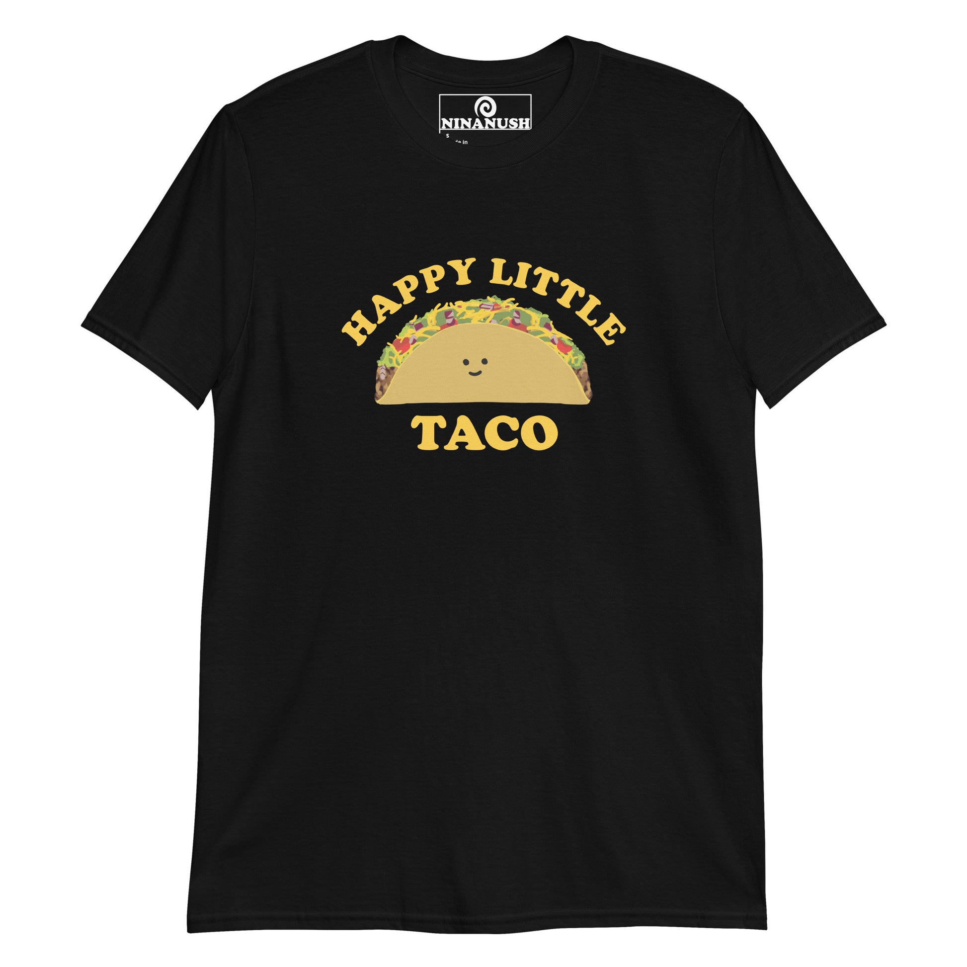 Black happy little taco t-shirt for taco lovers - A happy little taco t-shirt for taco enthusiasts. This unique taco design is colorful and printed on a classic tee. Embrace your inner taco and let your passion for food shine with this eye-catching cute taco graphic tee. Wear this funny taco tee as everyday streetwear or give it as a gift to your favorite taco lover. 