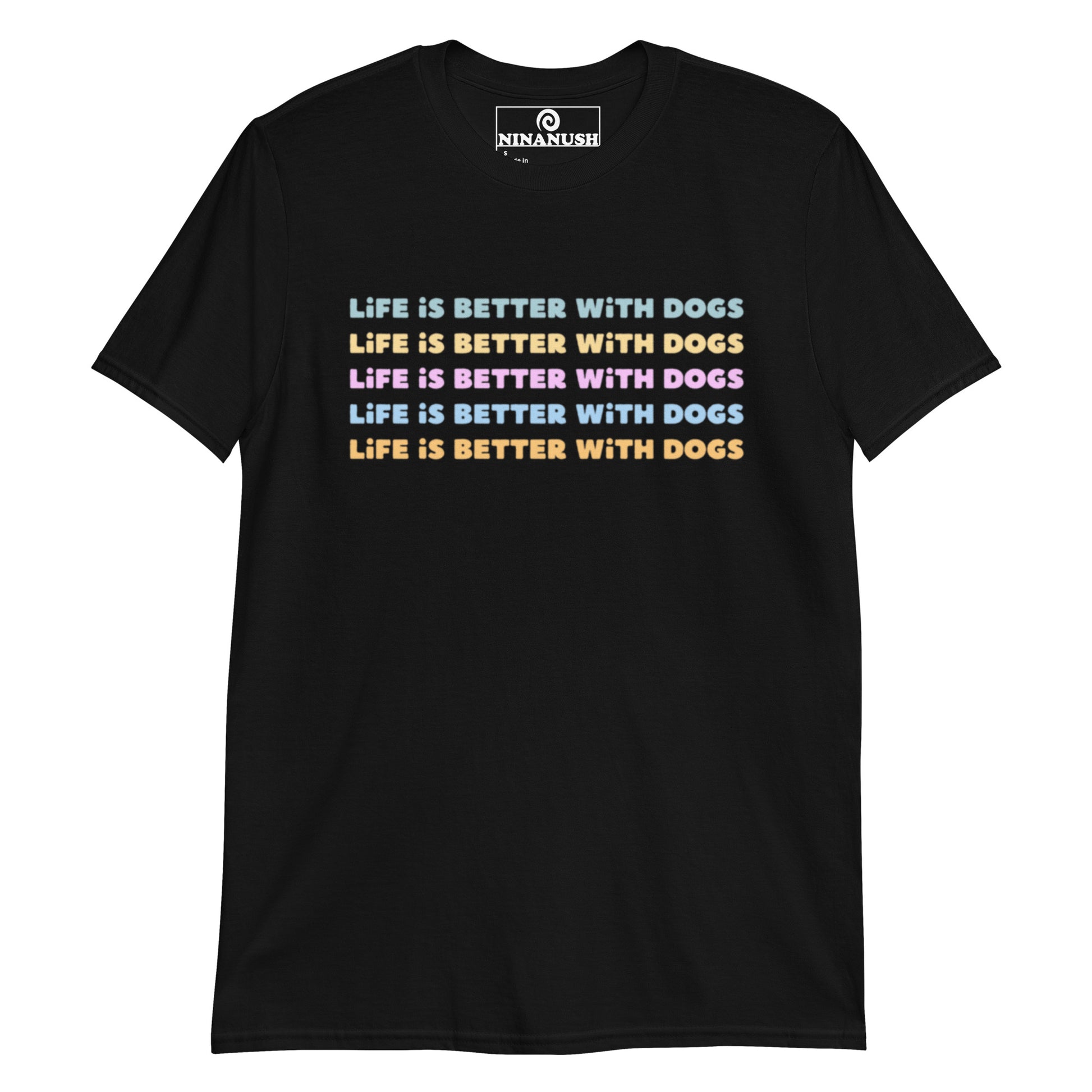 Black t-shirt for dog lovers - Life is better with dogs! This colorful and cute dog lover t-shirt is designed for dog enthusiasts with a positive dog saying. It's a classic cotton t-shirt for dog parents and dog lovers of all kinds. Pet dogs in this eye-catching dog lover graphic tee or give this animal lover t-shirt as a gift for a dog parent.