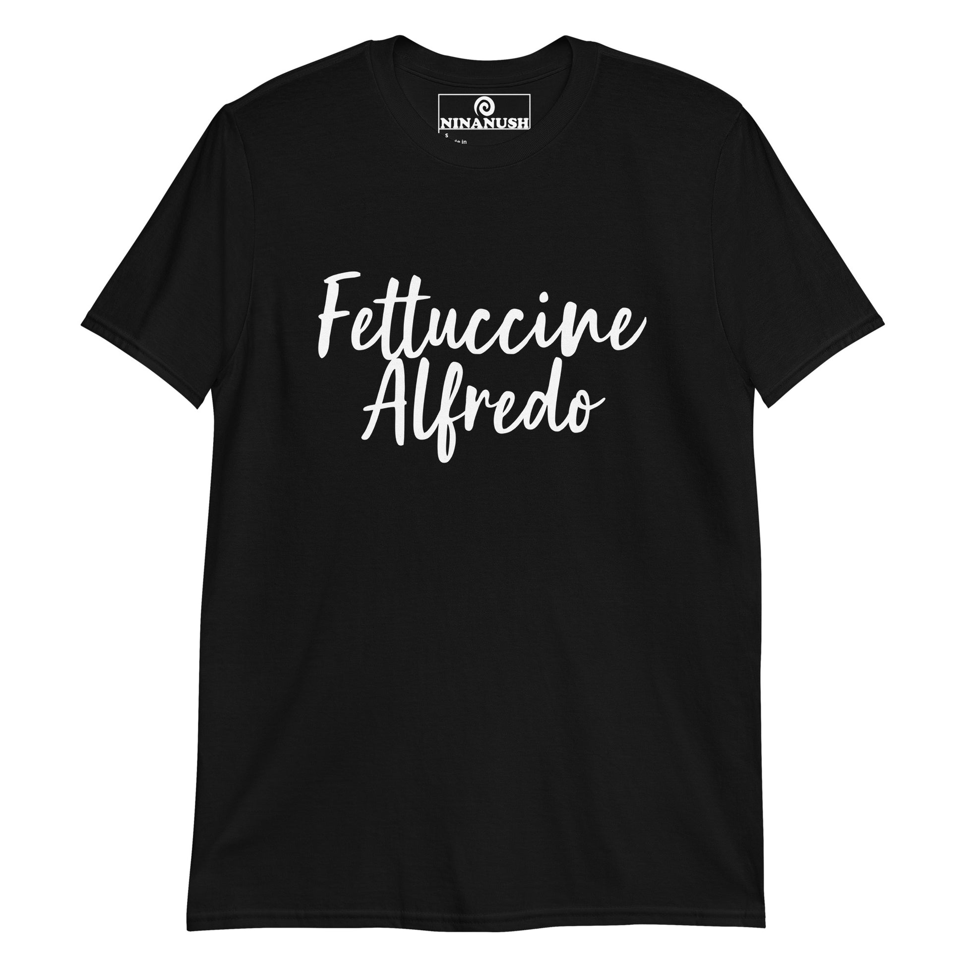 Black t-shirt for fettuccine alfredo lovers - A fettuccine Alfredo t-shirt that's soft, comfortable and made for pasta lovers like you. It's a classic cotton tee, designed for fettuccine Alfredo lovers and foodies of all kinds. Eat fettuccine Alfredo in style and wear this funny food shirt as everyday streetwear or give it as a unique gift for a pasta enthusiast.