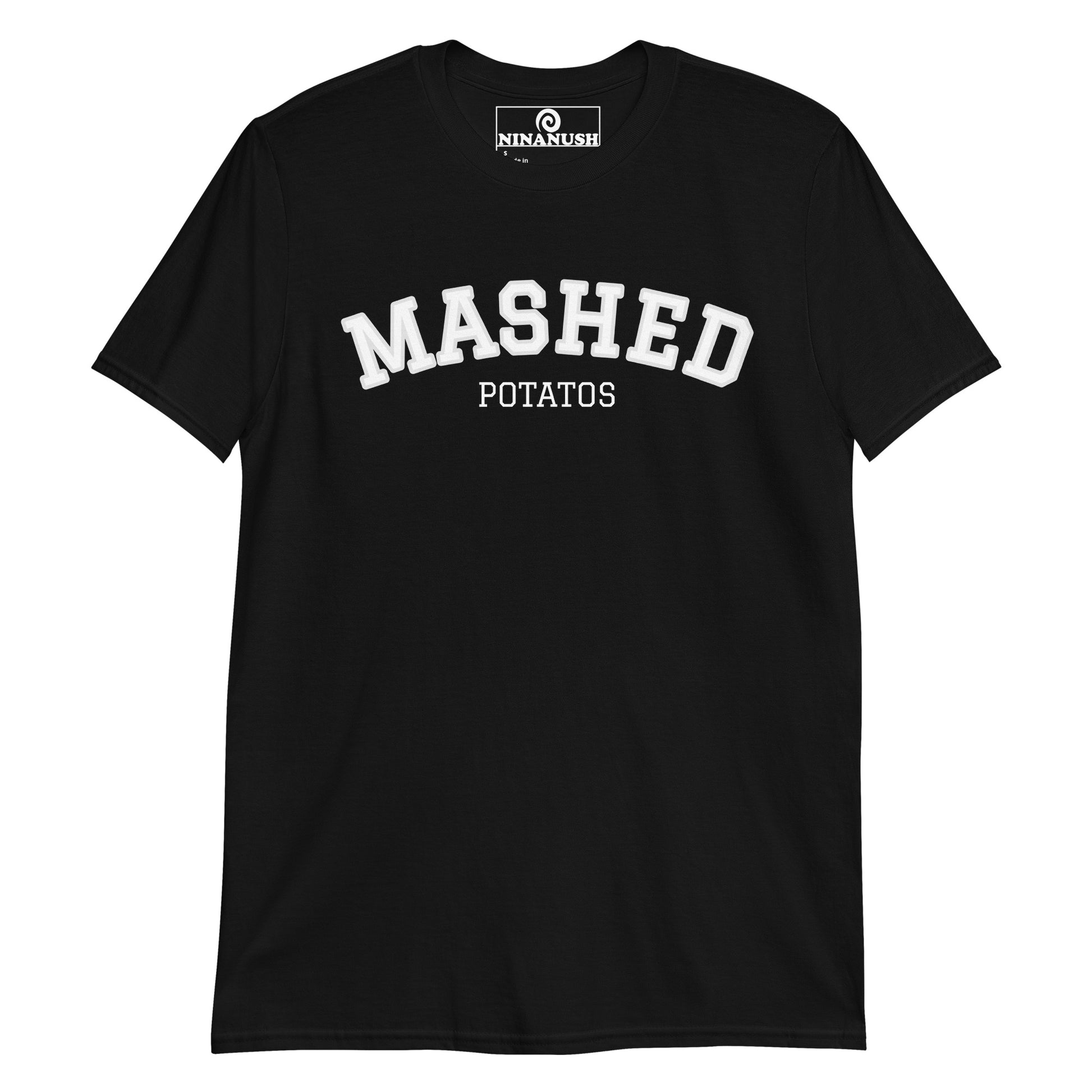 Black mashed potato t-shirt - A mashed potatoes t-shirt for potato enthusiasts and foodies of all kinds. It's a classic cotton tee with a unique college-style t-shirt design. This funny foodie shirt stands out and makes a statement. Eat mashed potatoes in this quirky streetwear potato tshirt or give it as a funny gift for mashed potato lovers. 