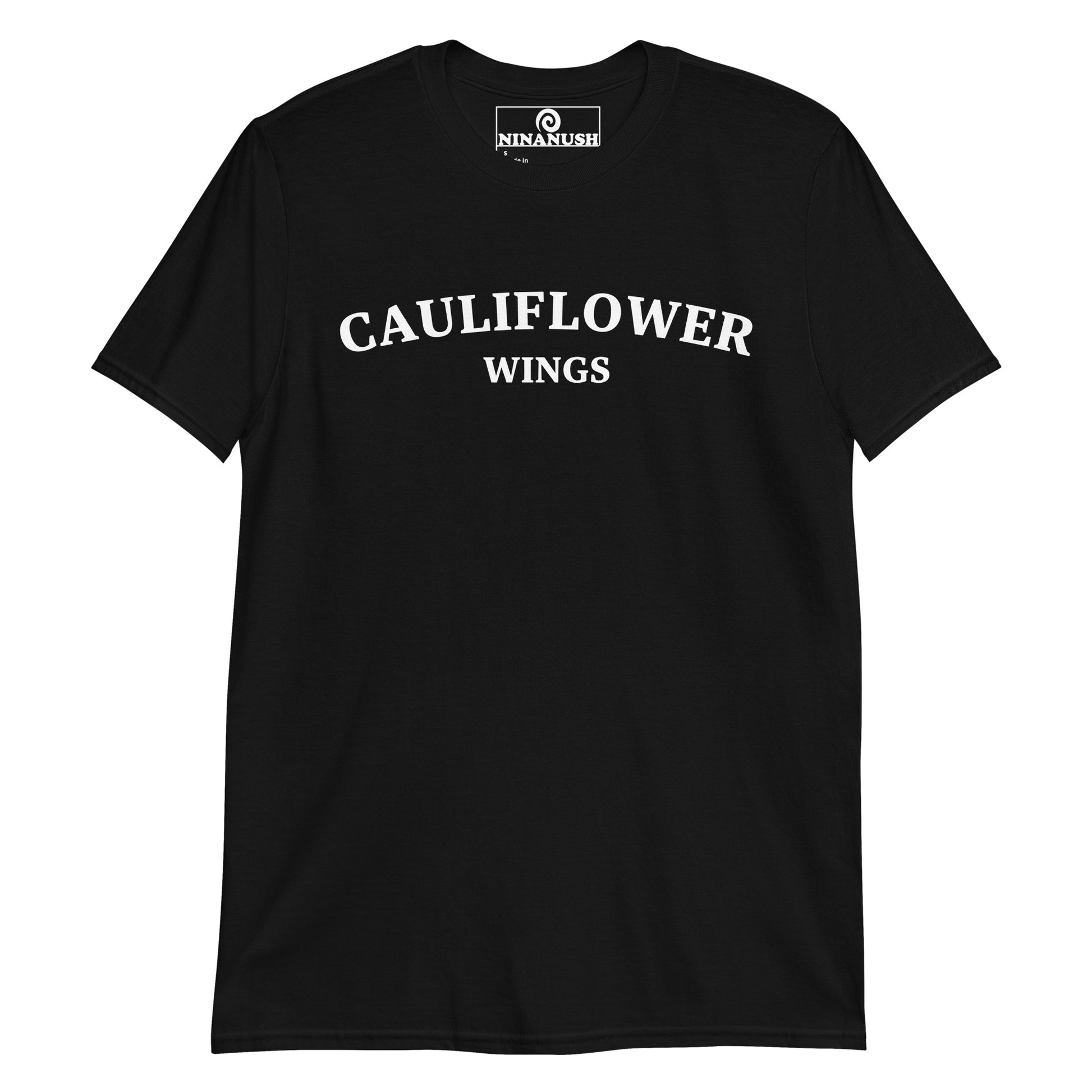 Black cauliflower wing shirt - Cauliflower wings! This Unisex cauliflower wings t-shirt is soft, comfortable, designed for cauliflower wing lovers and made just for you. It's a funny college-style food shirt that is sure to stand out and make a statement. From buffalo wings to barbecue wings, cauliflower is the way to go! Eat cauliflower wings in this everyday unique foodie t-shirt or give it as a funny gift for a fellow food lover. 