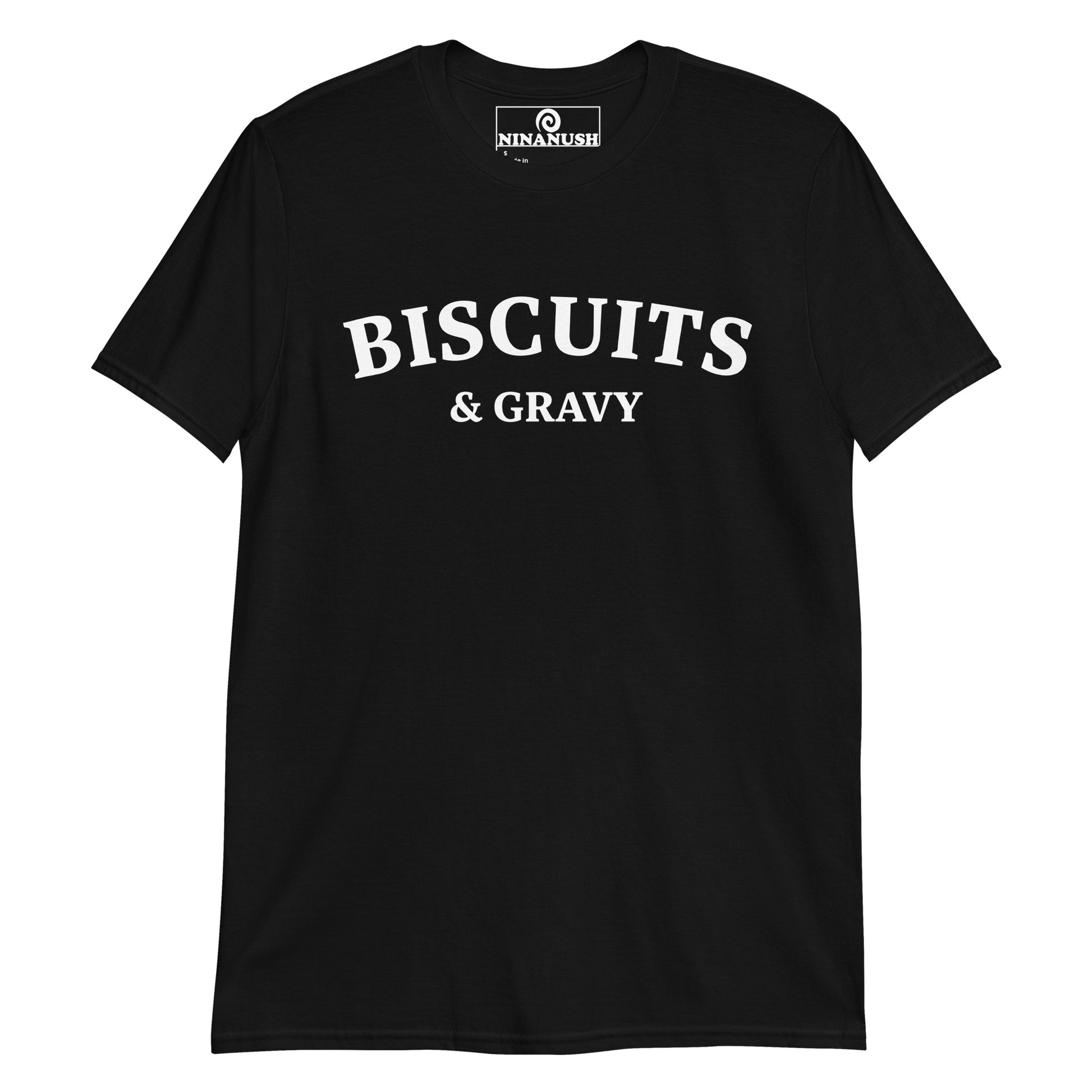 Black biscuits and gravy shirt - Eat biscuits and gravy in this funny foodie t-shirt. It's a soft and comfortable cotton tee with a college-style foodie design. This biscuits and gravy shirt is funny, stands out and is sure to add a little personality to your wardrobe. If you love biscuits and gravy, this unique food shirt was made just for you.