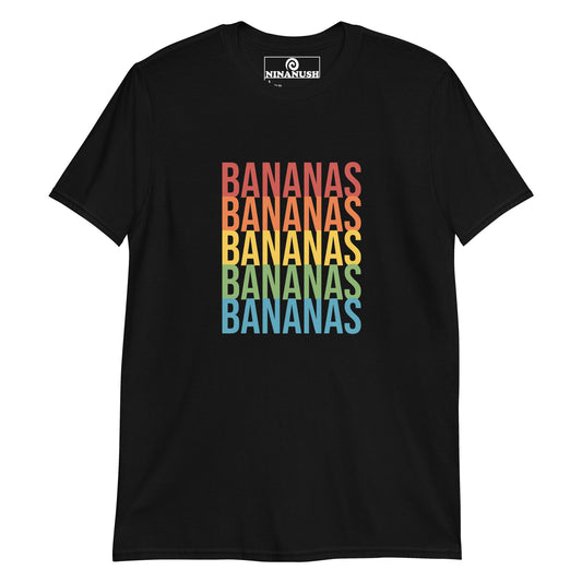 Black bananas t-shirt in rainbow colors - A classic cotton T-Shirt with the word "banana" printed in bold colors on the front. It's soft, comfortable and made just for you and your favorite banana enthusiast. This funny food shirt is designed for banana lovers and makes a unique gift for foodies of all kinds. Celebrate your favorite foods in our foodie apparel.