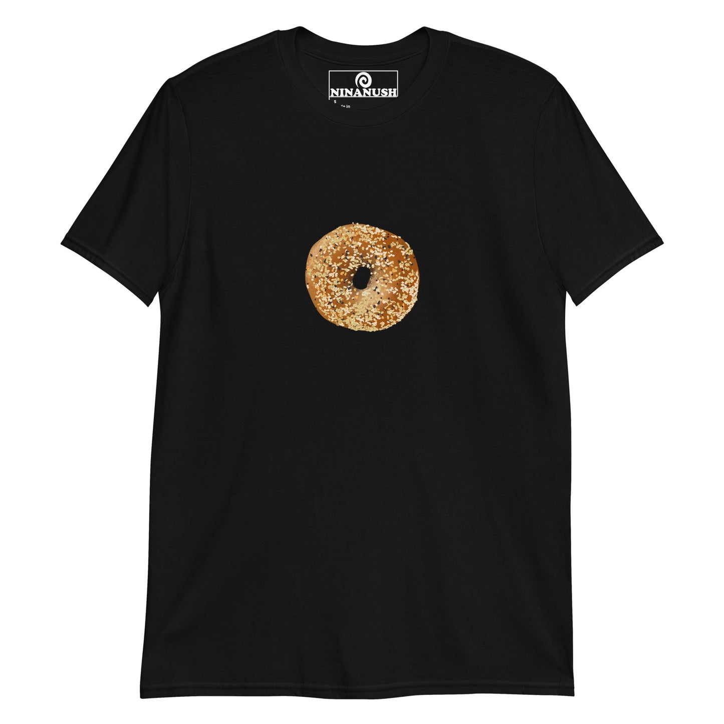 Black bagel lover shirt - A unique everything bagel shirt for bagel enthusiasts. It's a cotton t-shirt with an everything bagel printed on the front. The perfect funny foodie shirt for bagel lovers or gift for foodie. Eat bagels in this statement bagel shirt or find the perfect funny bagel graphic tee or accessory in our bagel lover apparel.