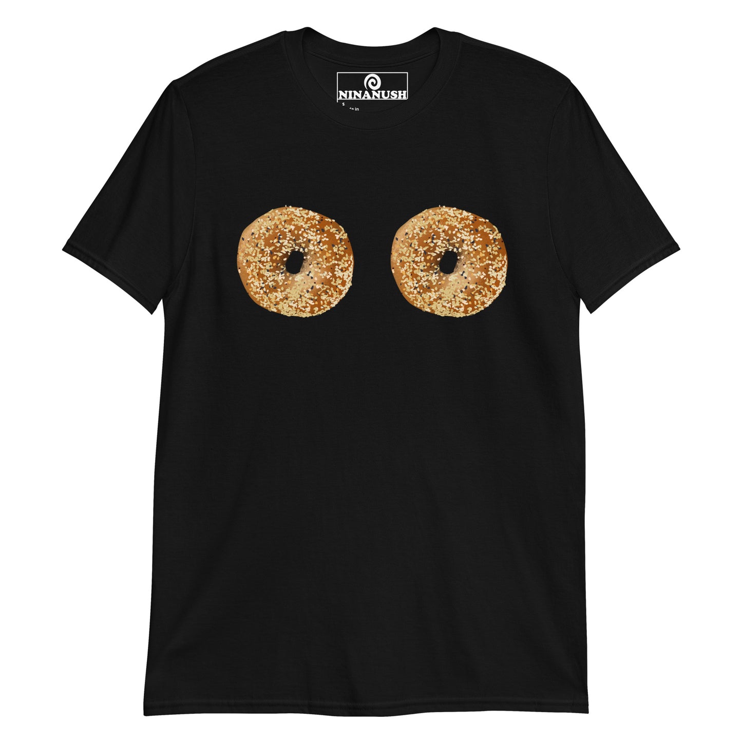 Black everything bagel boobies t-shirt - A bagel lover t-shirt with two everything bagels on the boobs. It's a unique bagel graphic tee that's soft, comfortable and made just for you. Wear this statement foodie tee or give it as a funny gift for a bagel enthusiast. Celebrate your favorite foods in our bagel lover clothing and accessories.