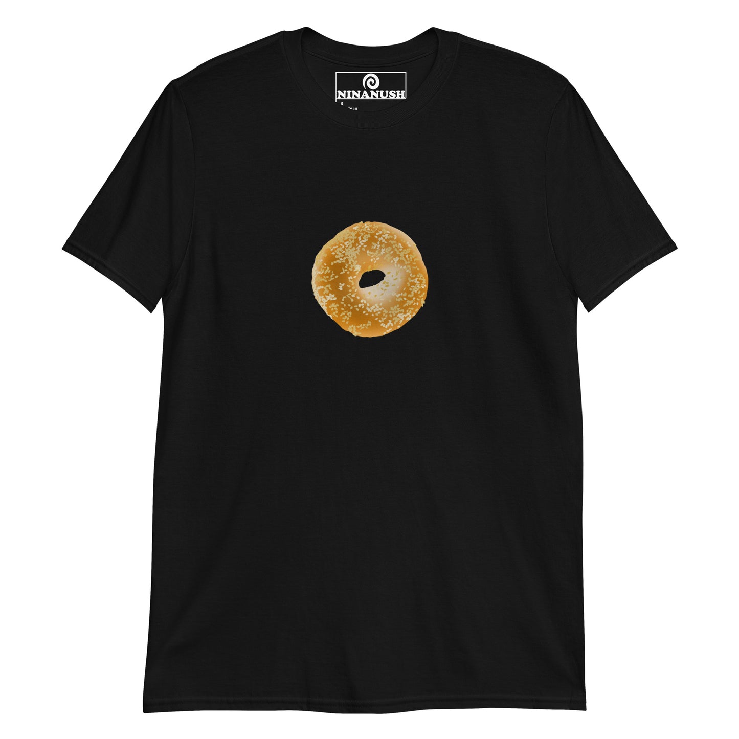 Black sesame bagel shirt - A sesame bagel printed on a classic cotton t-shirt. It's a soft and comfortable shirt for bagel enthusiasts. This funny food shirt is designed for bagel addicts and makes a statement gift for bagel lovers and unusual shirt for foodies of all kinds. Eat your favorite sesame bagel in this unique bagel graphic t-shirt. 