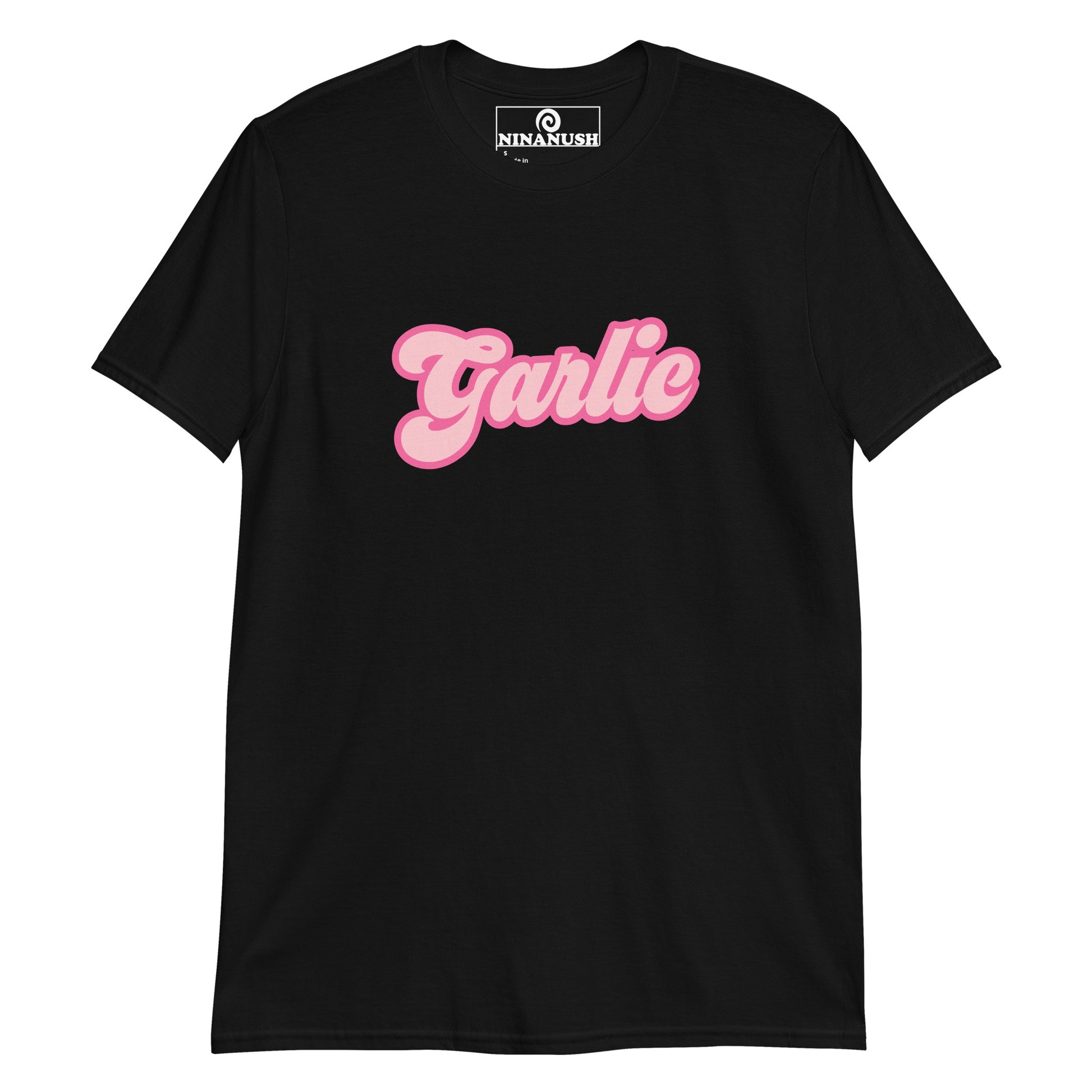 Black and pink Barbie garlic t-shirt - A funny Barbie t-shirt for foodies. It's a classic cotton tee with "Garlic" printed in pink. It's a weird graphic tee for garlic enthusiasts that stands out. This funny garlic t-shirt makes a gift for garlic lovers and a quirky shirt for foodies of all kinds. Eat garlic in unique garlic lover statement t-shirt.