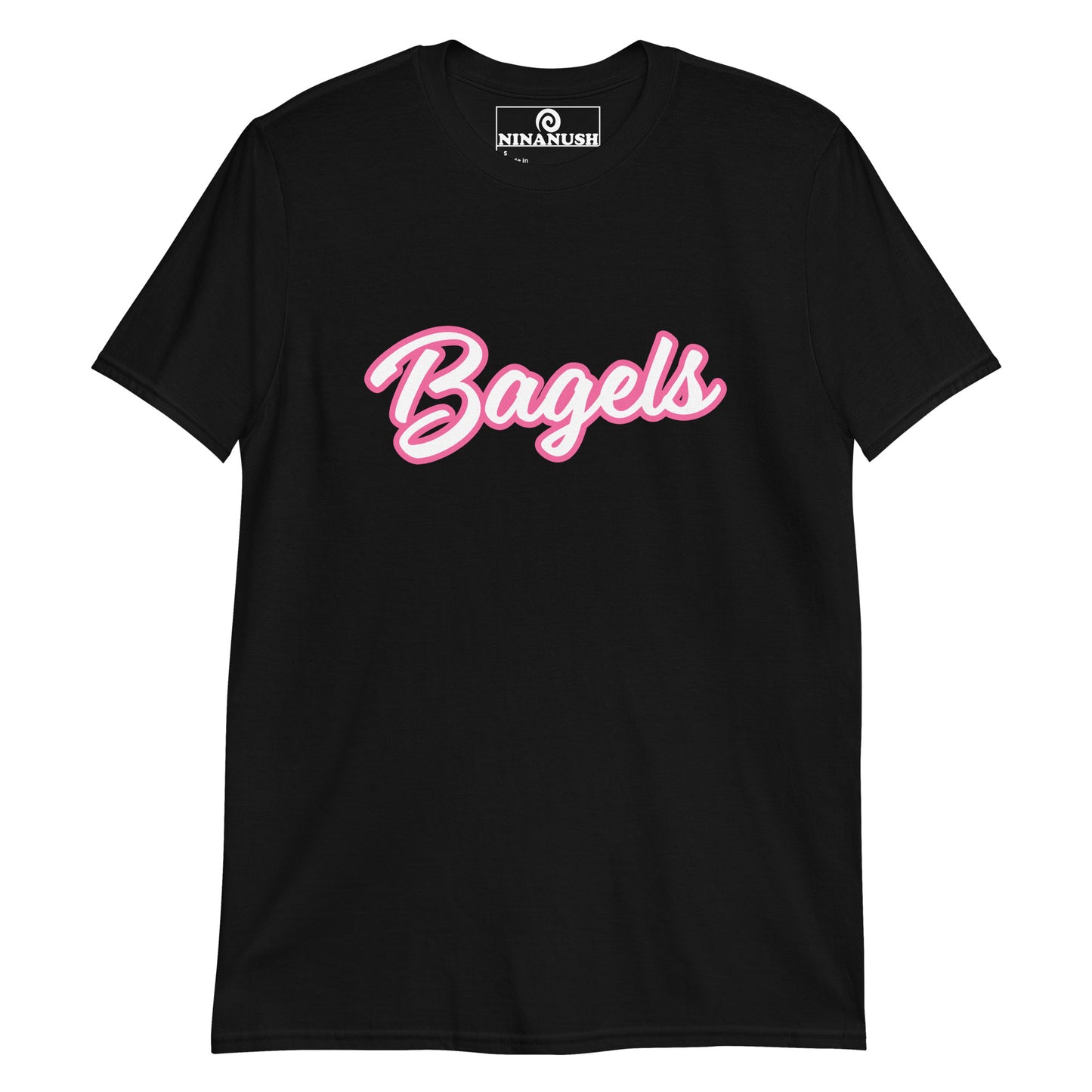 Black barbie t-shirt for bagel lovers - A funny Barbie style t-shirt for bagel lovers. It's a classic cotton tee with the word "Bagels" printed in pink and white on the front. It's soft, comfortable and made just for you and your favorite bagel enthusiast. This funny bagel t-shirt makes a unique gift for bagel lovers and a quirky shirt for foodies of all kinds. 