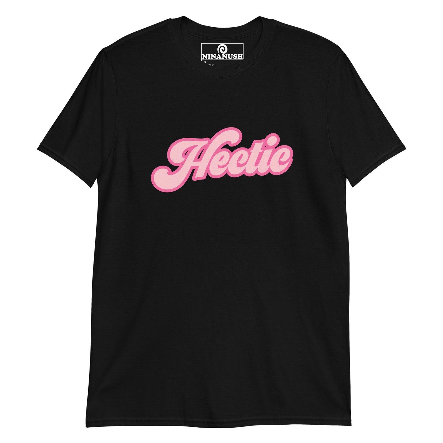 Black hectic shirt - A classic cotton tee with the word "Hectic" printed on the front in pink. It's a unique t-shirt that's soft, comfortable and made just for you. Stand out in this hectic graphic tee or give it as a funny gift for a hectic friend. It's a weird statement shirt that you can't find anywhere else. Stay hectic in style.