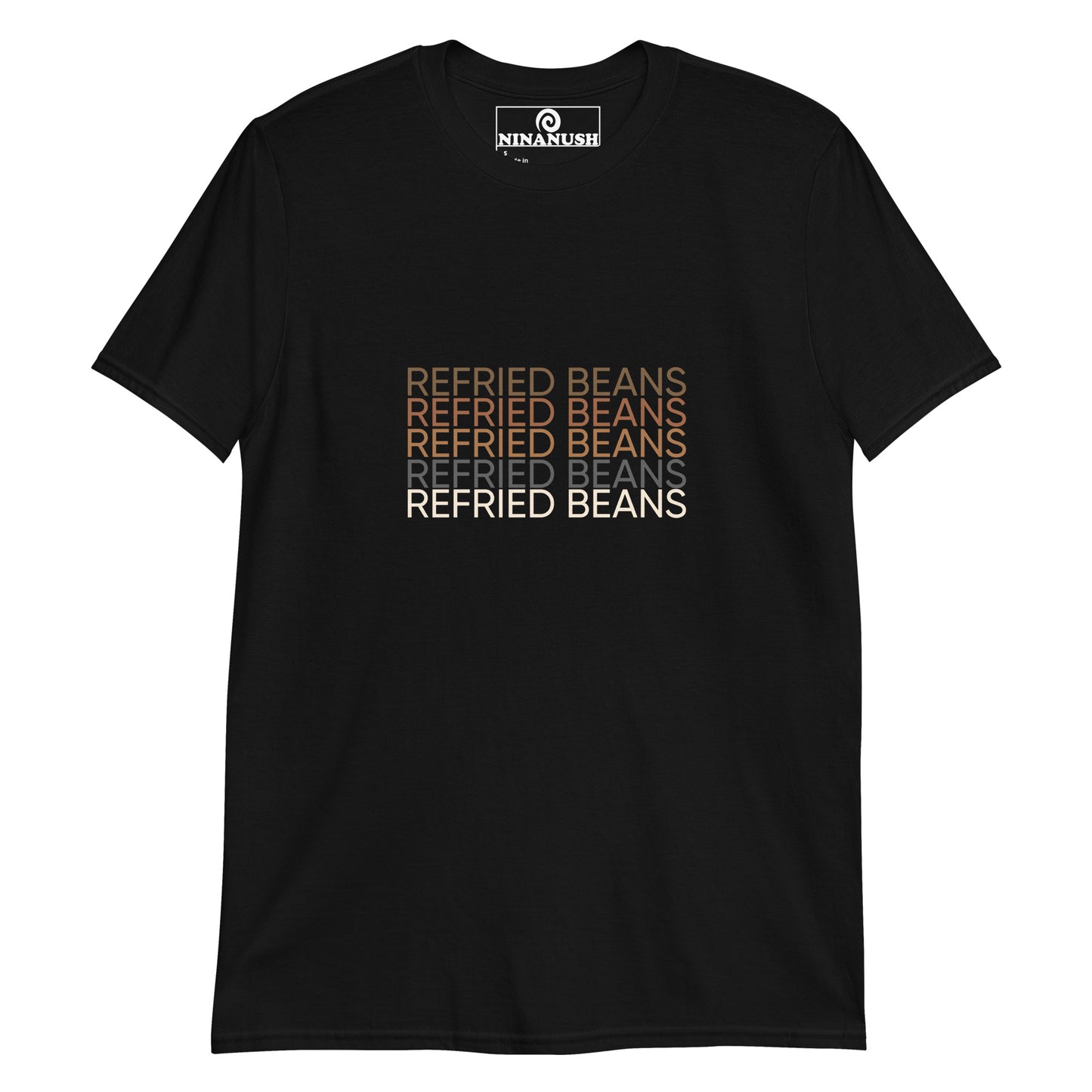 Black refried beans t-shirt - Eat your favorite refried beans in style with this statement t-shirt for bean enthusiasts and foodies of all kinds. It's a classic cotton t-shirt with the words "refried beans" printed on the front in shades of brown. If you're a passionate refried bean aficionado, this funny foodie shirt is just what you need. 