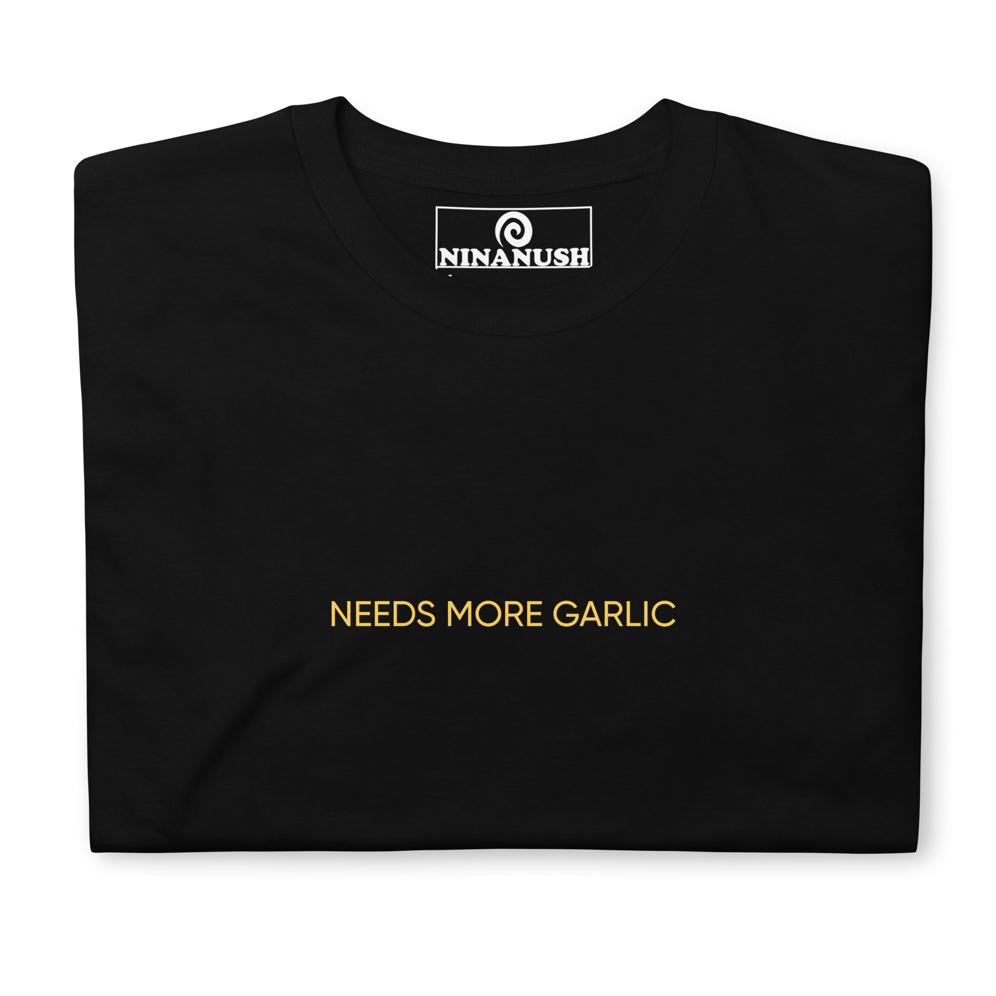 Black needs more garlic t-shirt from Nina's Funky Shop by ninanush - Attention all garlic enthusiasts! We have the perfect shirt for you This quirky t-shirt is designed for the garlic lover in you. Eat your favorite garlicky foods in style with this funny foodie shirt. It's a cotton shirt that's soft and comfortable with an eye catching yellow design for passionate garlic lovers.