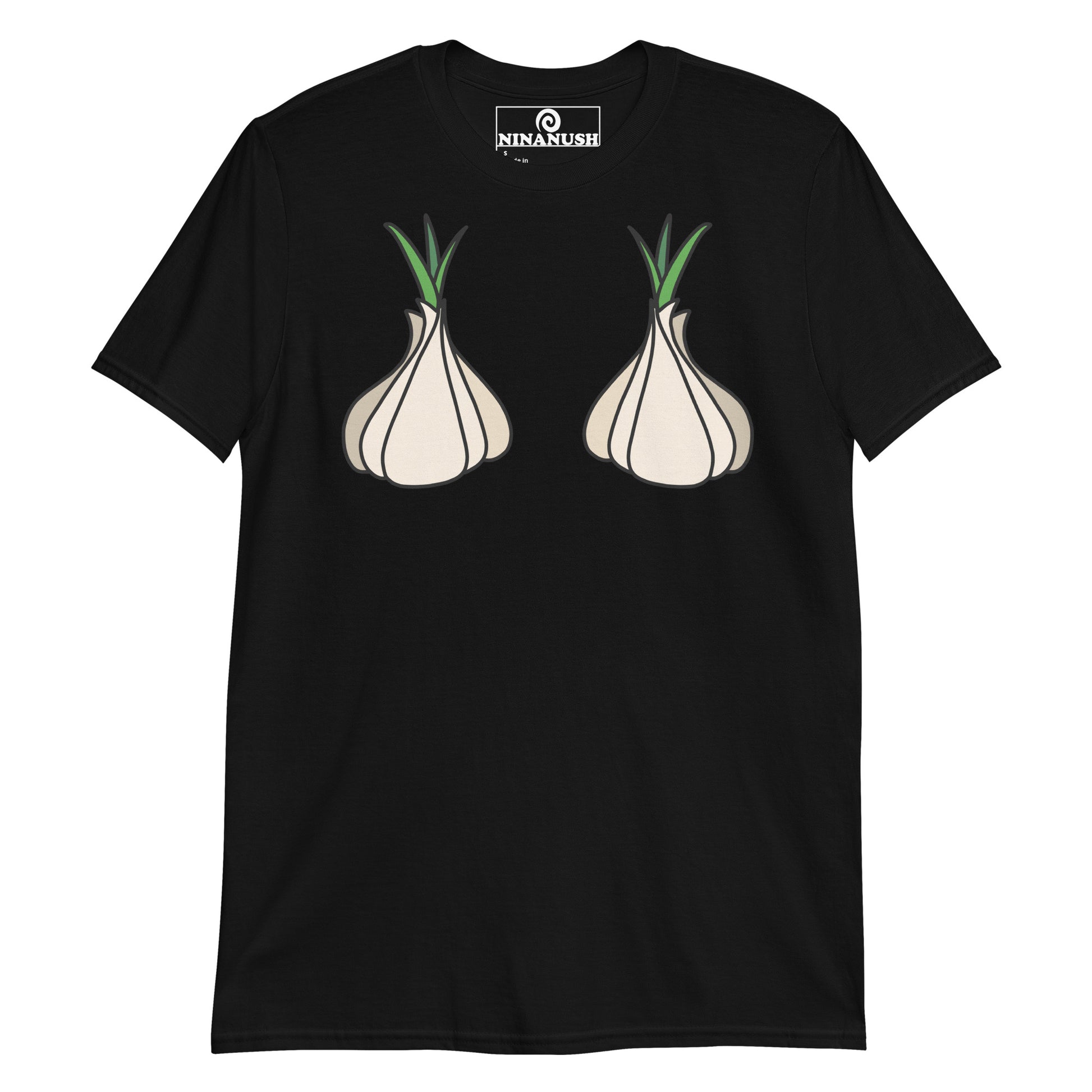 Black garlic boobs t-shirt from Nina's Funky Shop by ninanush - This funny garlic head shirt is designed for garlic lovers and made for you. It's a a soft and comfortable cotton t-shirt with garlic on the chest. A unique foodie t-shirt designed for passionate garlic aficionados. Wear this garlic boob t-shirt on everyday outings or give it as a funny gift for a garlic enthusiast.