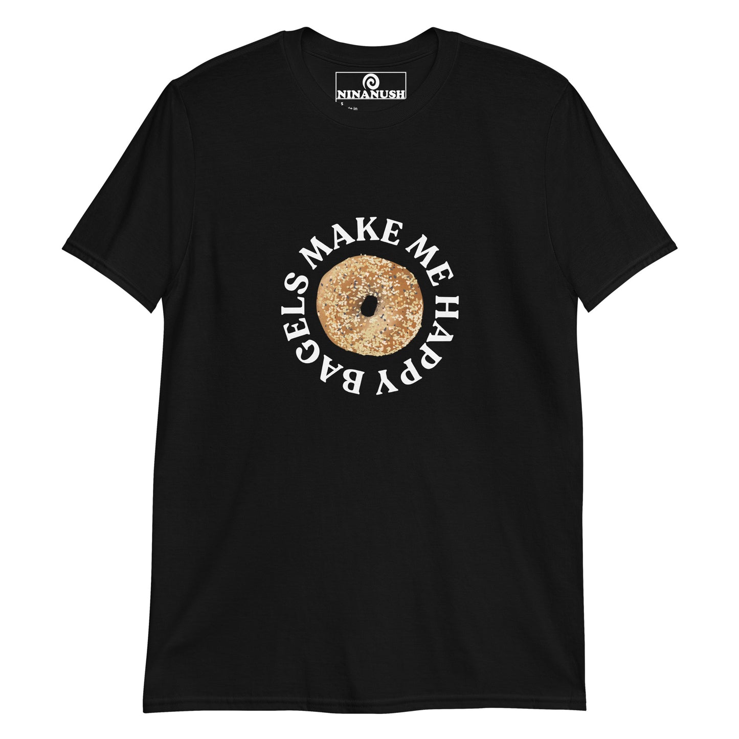 Black bagel lover t-shirt from Nina's Funky Shop by ninanush - This everything bagel t-shirt for bagel lovers is a soft and comfortable cotton t-shirt with a bagel and the words "Bagels make me happy". A unique foodie t-shirt for passionate bagel aficionados. Wear this statement bagel lover t-shirt on everyday outings or give it as a funny gift for a bagel enthusiast like you.