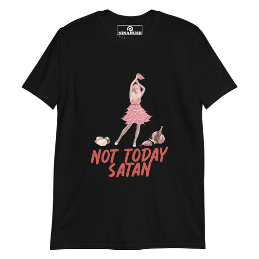 Black not today satan t-shirt for garlic lovers from Nina's Funky Shop by ninanush - Not today Satan! This unique foodie shirt is designed for garlic enthusiasts and made just for you. It's a classic cotton tee with a funky girl in a garlic dress and the words "not today Satan." It's soft and comfortable with an eye-catching design for passionate garlic aficionados.