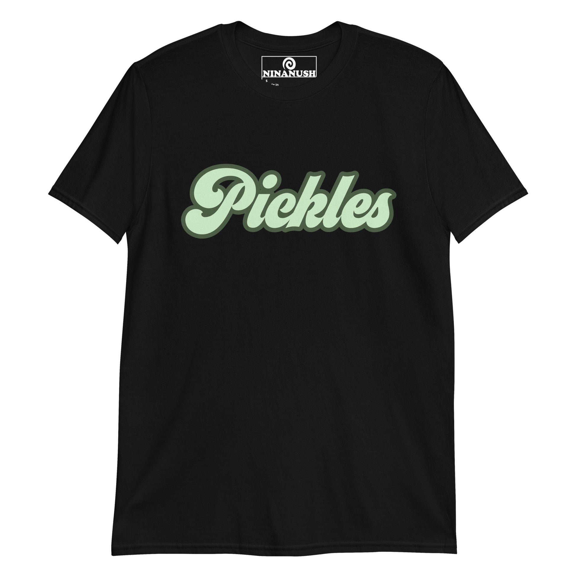 Black pickles t-shirt from Nina's Funky Shop by ninanush - This funny pickle lover t-shirt is soft, comfortable & made just for you with the word "Pickles" printed in a vintage green design. It's a unique foodie t-shirt designed for passionate pickle enthusiasts and quirky t-shirt lovers of all kinds. Eat pickles in this weird pickle tee or give it as a gift for a pickle lover.