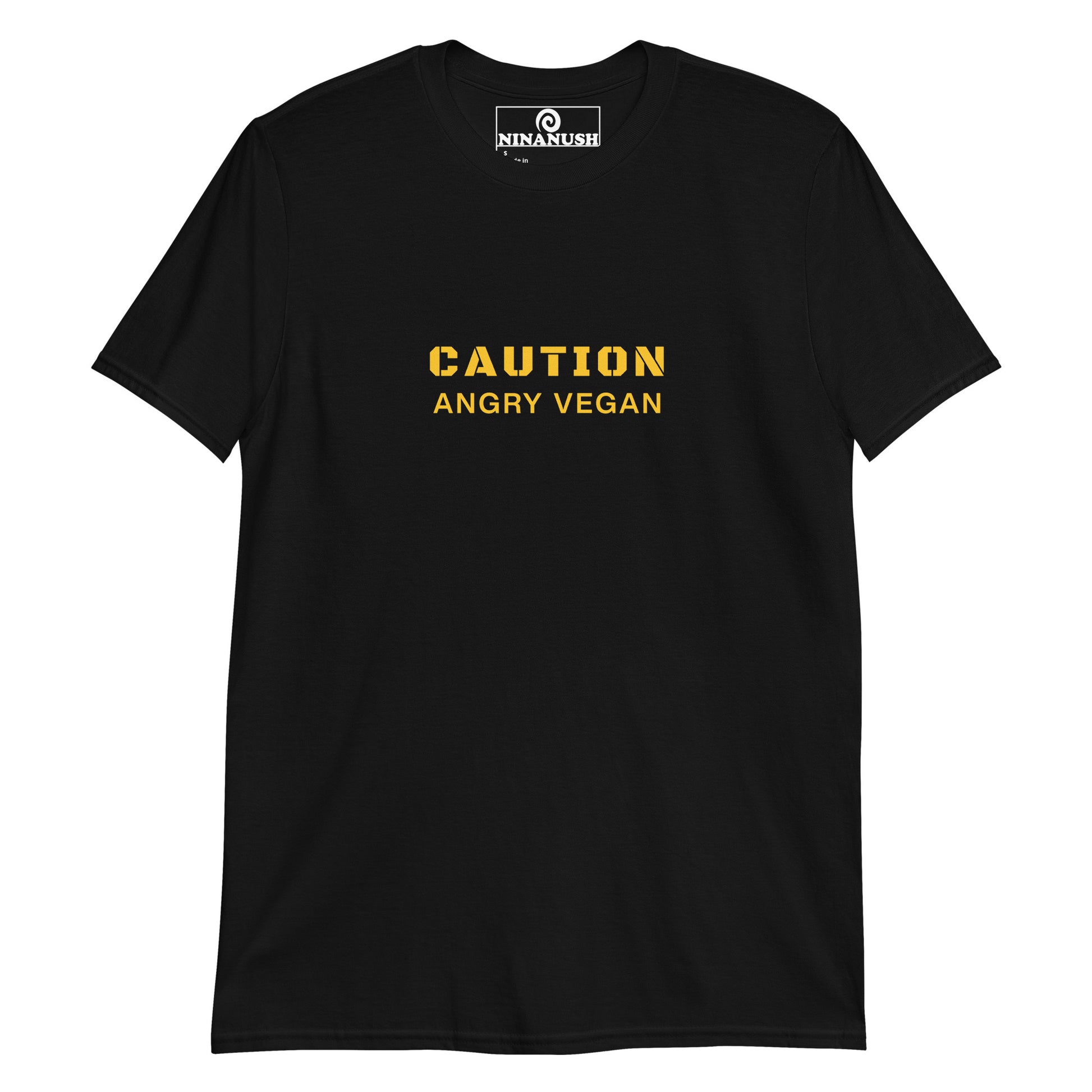 Black caution angry vegan t-shirt from Nina's Funky Shop by ninanush - This funny vegan activist t-shirt is soft, comfortable and made just for you with the words "Caution Angry Vegan" printed in yellow on the front. It's a unique vegan t-shirt for people with a conscience and a sense of humor. Wear it as an everyday unique vegan tee or give it as a gift for a plant based friend.