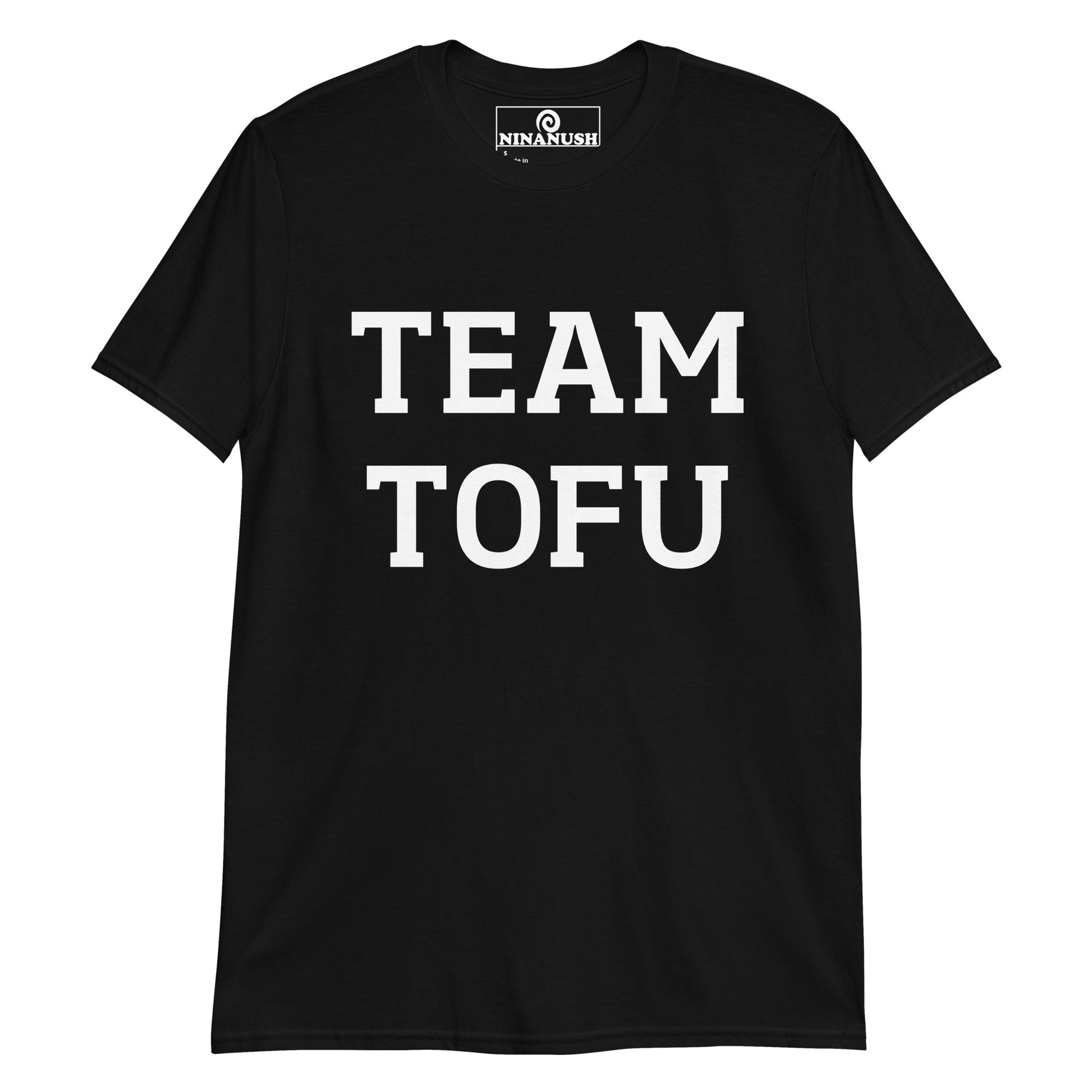 Black team tofu t-shirt from Nina's Funky Shop by ninanush - Stand out and make a statement in our team tofu t-shirt. It's a funny shirt for plant based foodies and tofu lovers of all kinds. This cotton vegan tee is soft, comfortable, designed for tofu lovers and made just for you. Wear this tofu enthusiast t-shirt or give it as a funny gift for your favorite vegan activist.