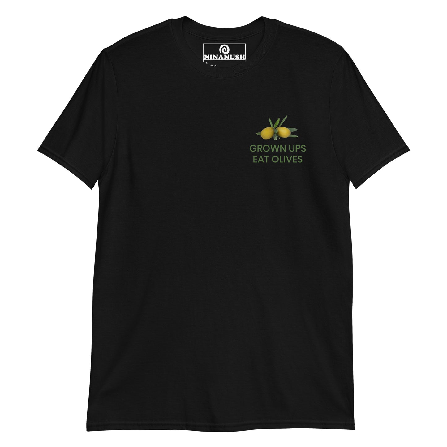 Black grown ups eat olives t-shirt from Nina's Funky Shop by ninanush - A quirky cotton tee with a green olive design and a funny saying about olives. It's the perfect funny t-shirt for olive lovers and foodies of all kinds or a sarcastic t-shirt for olive haters. Make a bold statement with this funny food t-shirt or give it as a weird and unique gift to your favorite olive enthusiast.