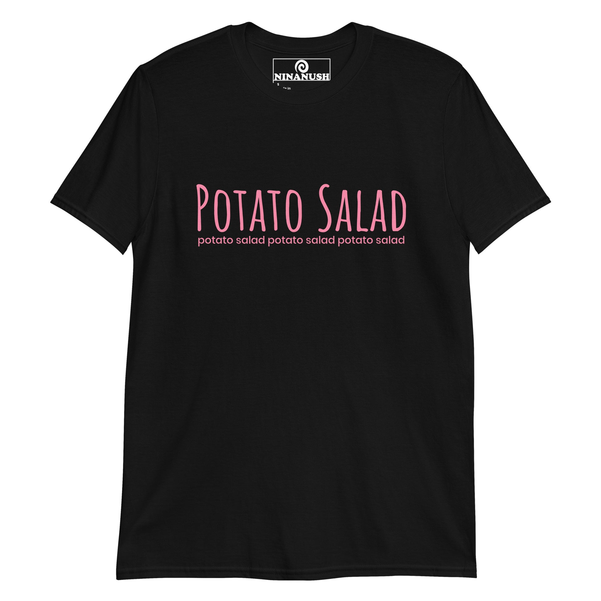 Black potato salad t-shirt from Nina's Funky Shop by ninanush - The "Potato Salad T-Shirt." This funny food shirt is designed for the potato salad lover in you. Now you can eat your favorite potato salad in style with this unique foodie graphic tee. This cotton shirt is soft and comfortable with an eye catching pink design. The perfect gift for a potato salad enthusiast and foodies of all kinds.