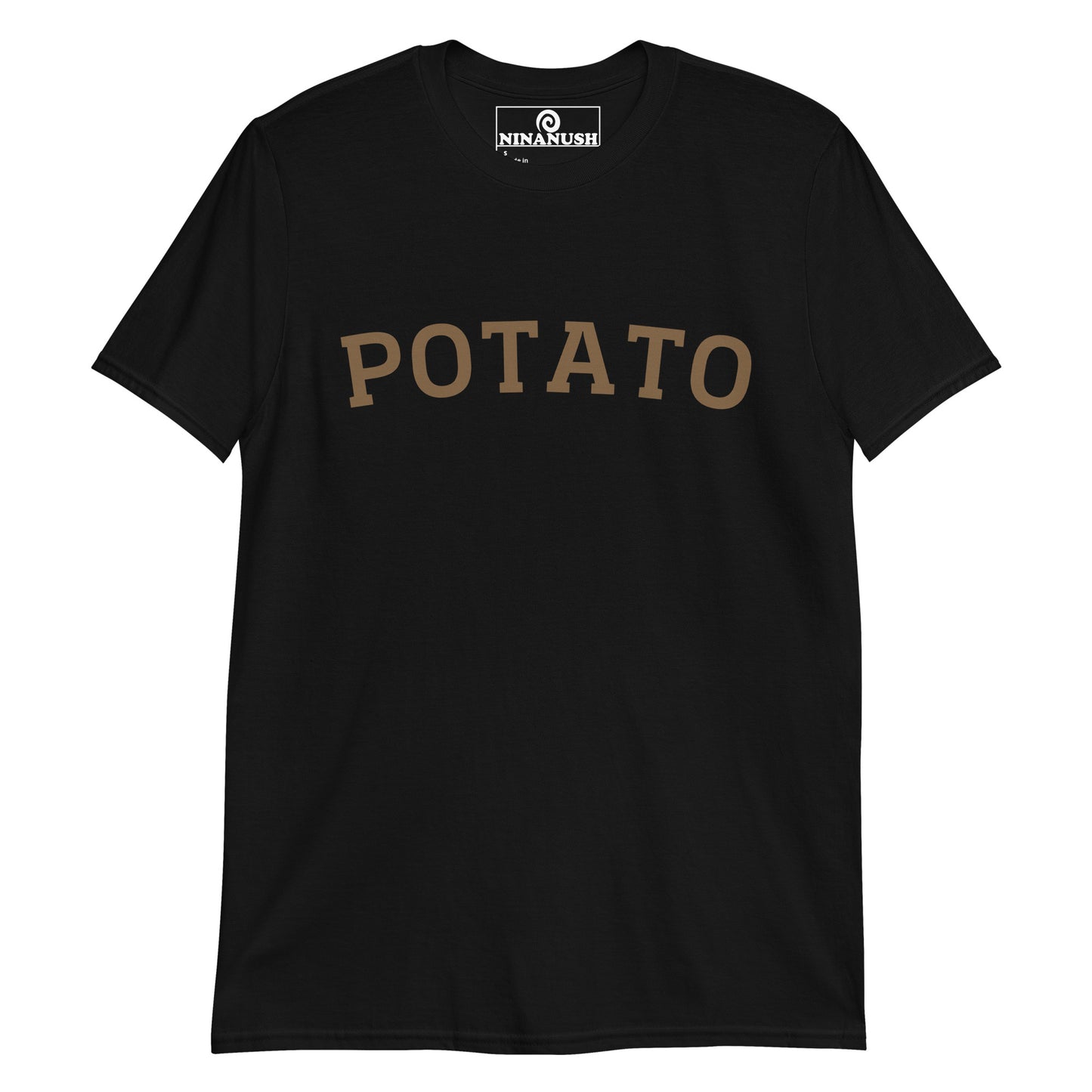 Black potato t-shirt from Nina's Funky Shop by ninanush - This potato T-Shirt is made from high-quality cotton with the word "Potato" printed in brown on the front. Eat your favorite potatoes in style in this funny foodie tee. It's soft, comfortable and made just for you. The perfect potato lover t-shirt and gift for potato enthusiasts or a quirky tee for foodies of all kinds.