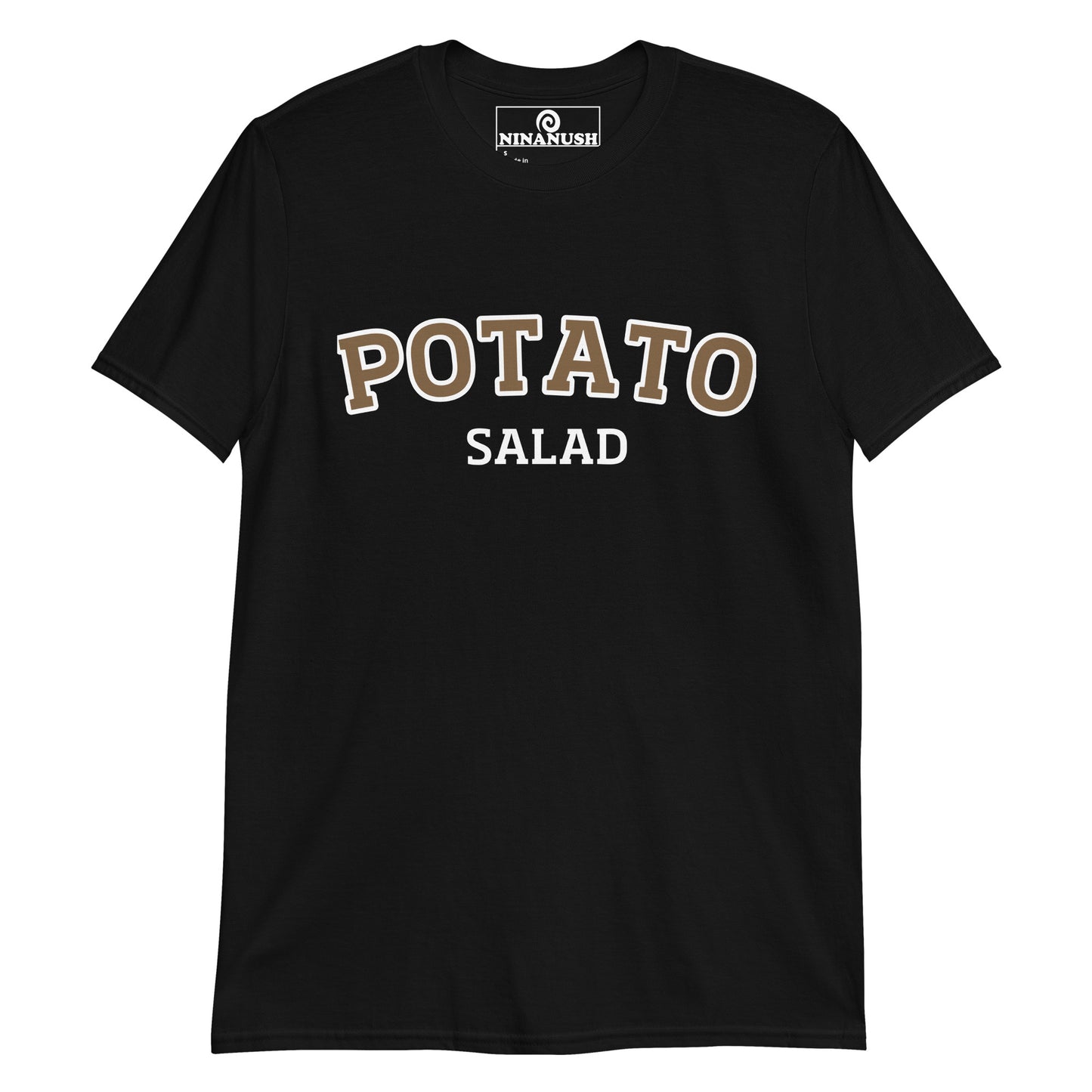 Black potato salad t-shirt from NIna's Funky Shop by ninanush - A funny food shirt, designed for potato salad lovers and foodies of all kinds. Now you can eat your favorite potato salad in style with this unique foodie graphic tee. It's soft and comfortable with an eye catching brown and white design. The perfect gift for a potato salad enthusiast or a quirky tee for everyone.