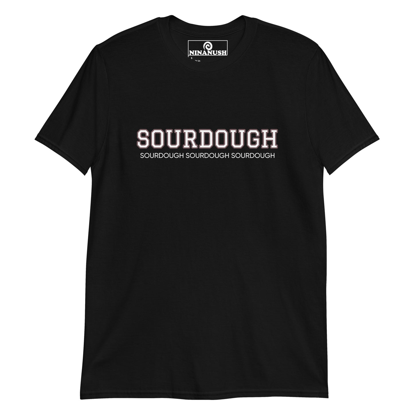 Black sourdough t-shirt from Nina's Funky Shop by ninanush - A sourdough t-shirt that's designed for sourdough lovers and foodies. Eat your favorite sourdough in style with this unique foodie tee. This cotton shirt is soft and comfortable with an eye catching brown and white design. The perfect gift for a sourdough enthusiast or a quirky tee for bread lovers of all kinds.