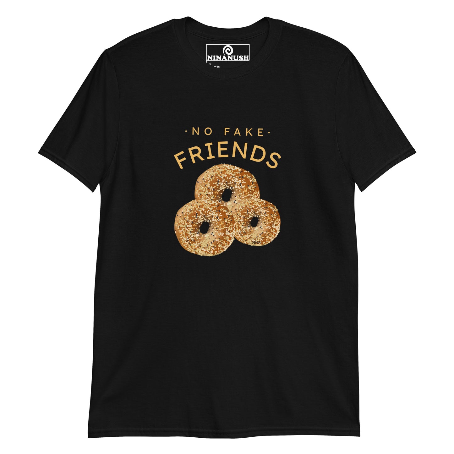 Black funny everything bagel shirt from Nina's Funky Shop by ninanush - This "no fake friends" shirt is designed for bagel lovers with unique everything bagels, hand-drawn by Nina. Eat bagels and make a statement in this bagel enthusiast t-shirt. It's soft, comfortable, and made just for you. Stand out in this quirky t-shirt or give it as a gift for a bagel lover or foodie of all kinds. 